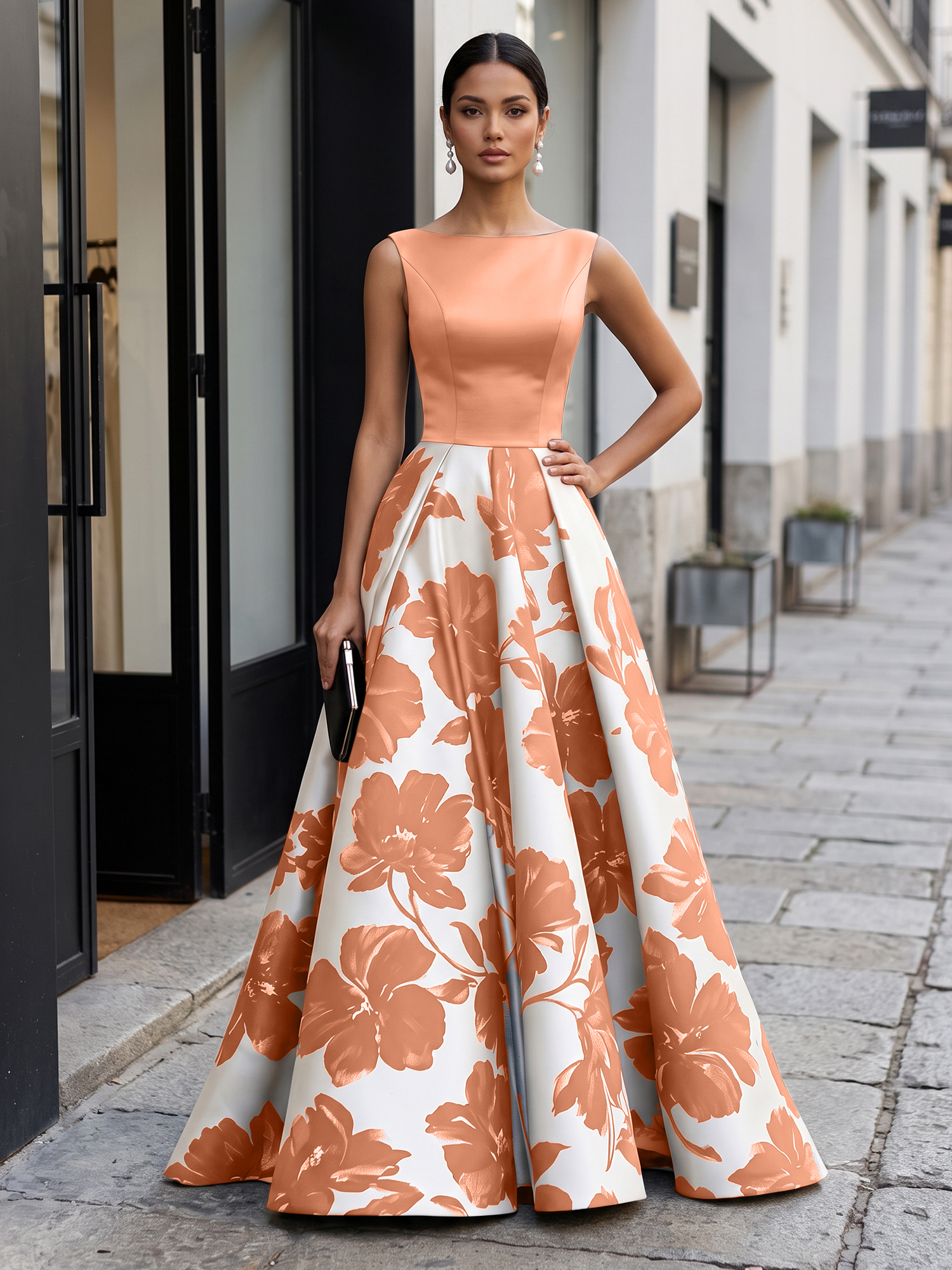 Black Timeless Monochrome Floral Statement Formal Evening Dress