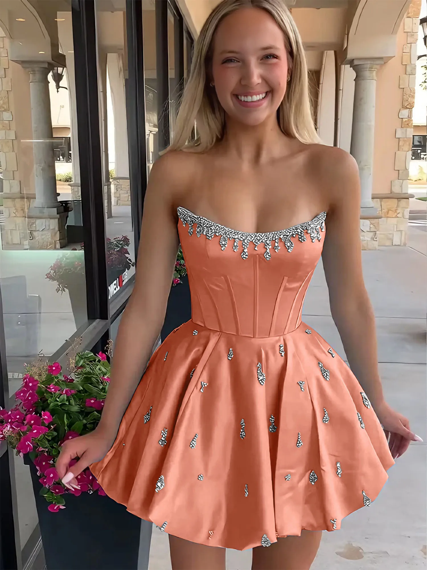 Strapless Beaded Corset Lace-Up Back Satin Homecoming Dress
