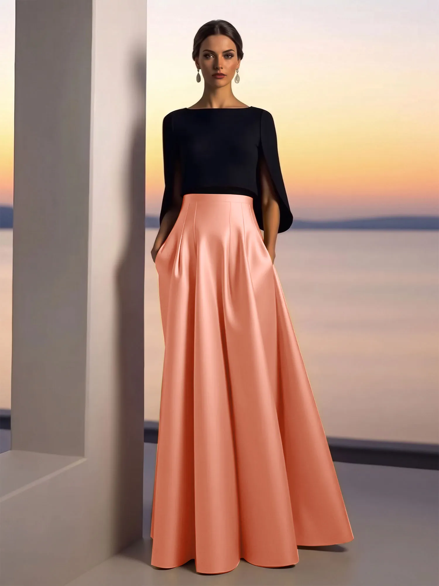 Two-Piece Cape Sleeve Satin Ball Gown Evening Dress