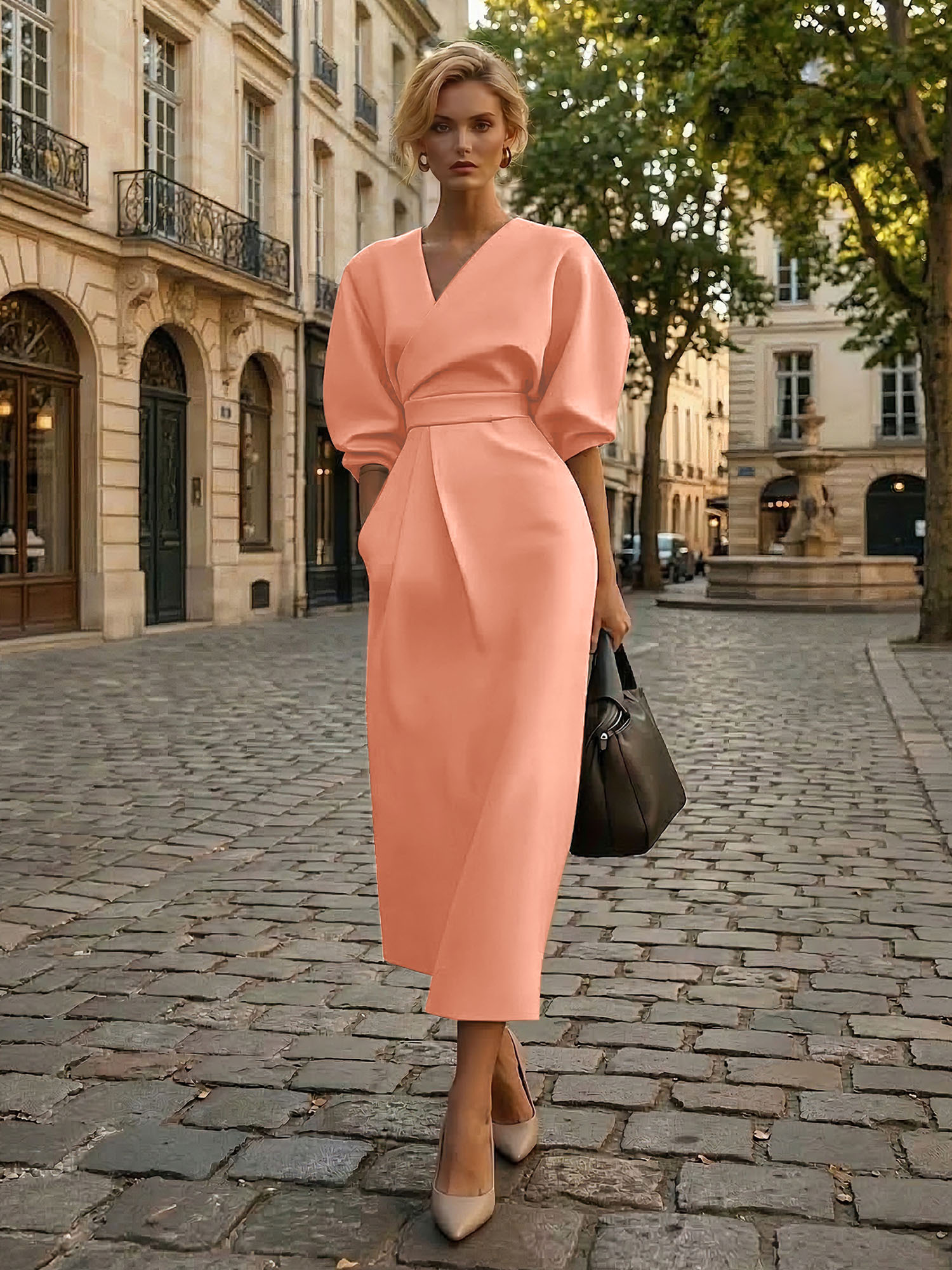 Sophisticated Camel V-Neck Balloon Sleeve Midi Dress Evening Gown
