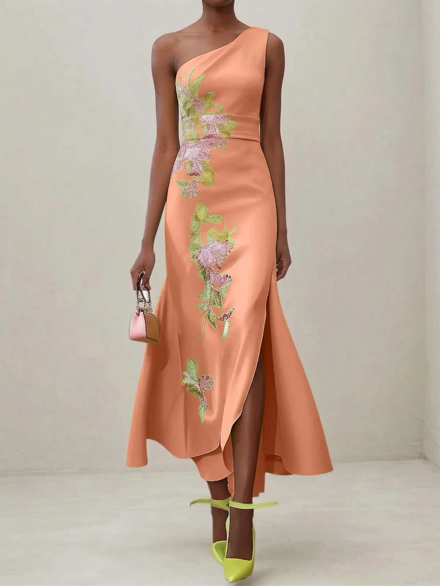 Elegant One Shoulder Cap Sleeve Satin Midi Gown with Floral Embroidery & High Slit