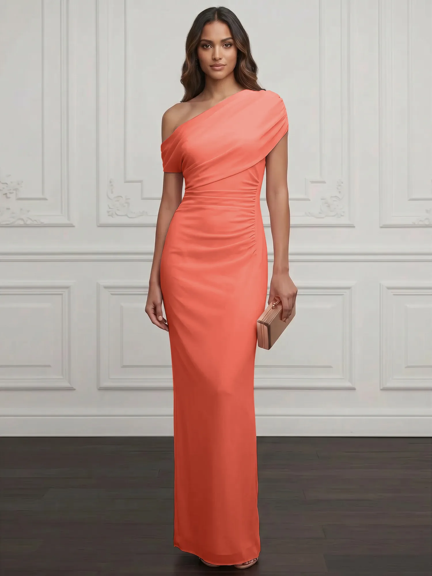 One-Shoulder Draped Chiffon Evening Gown