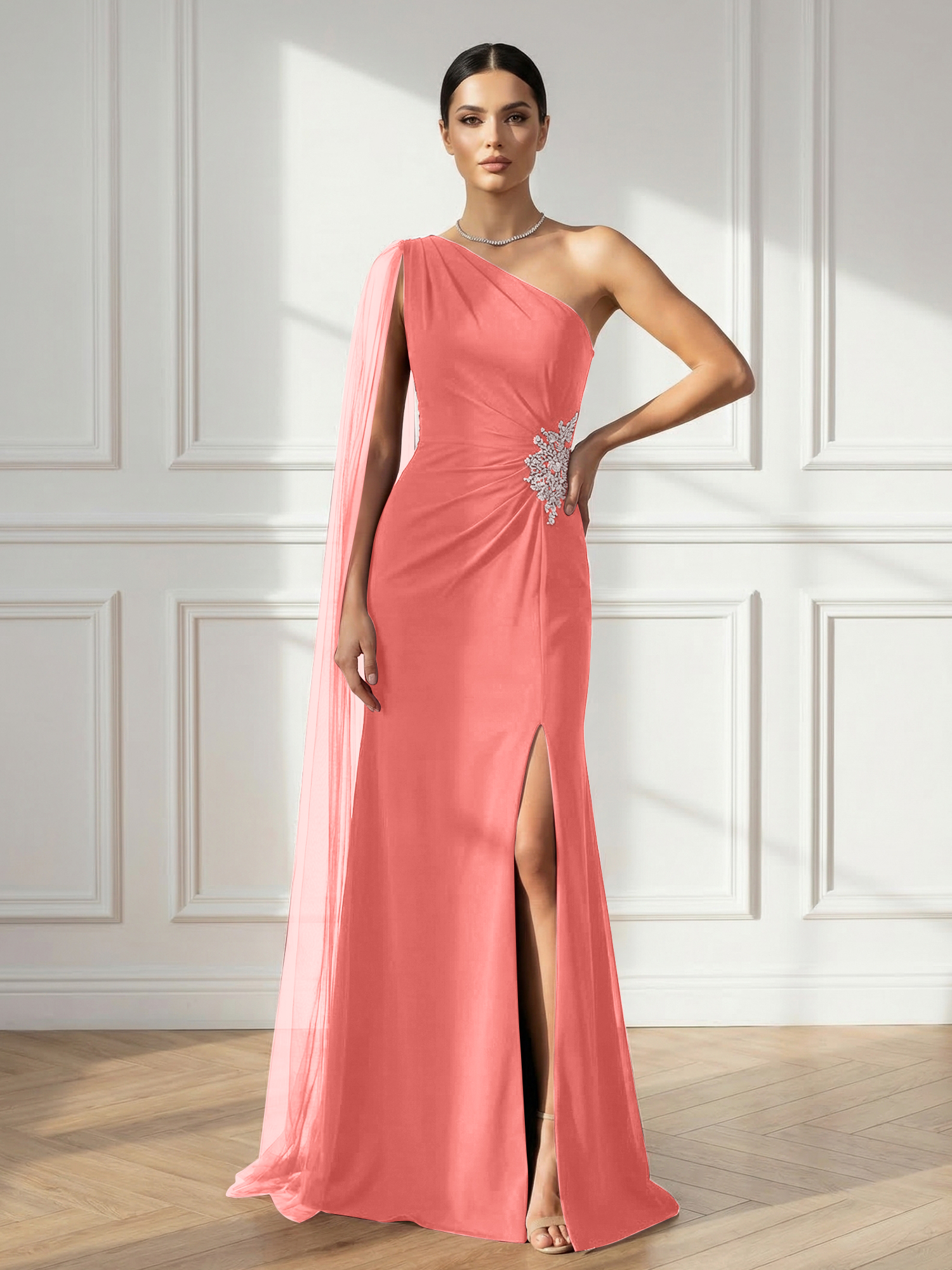 Formal Evening Dress Burgundy One Shoulder Slit Maxi Dress Gown