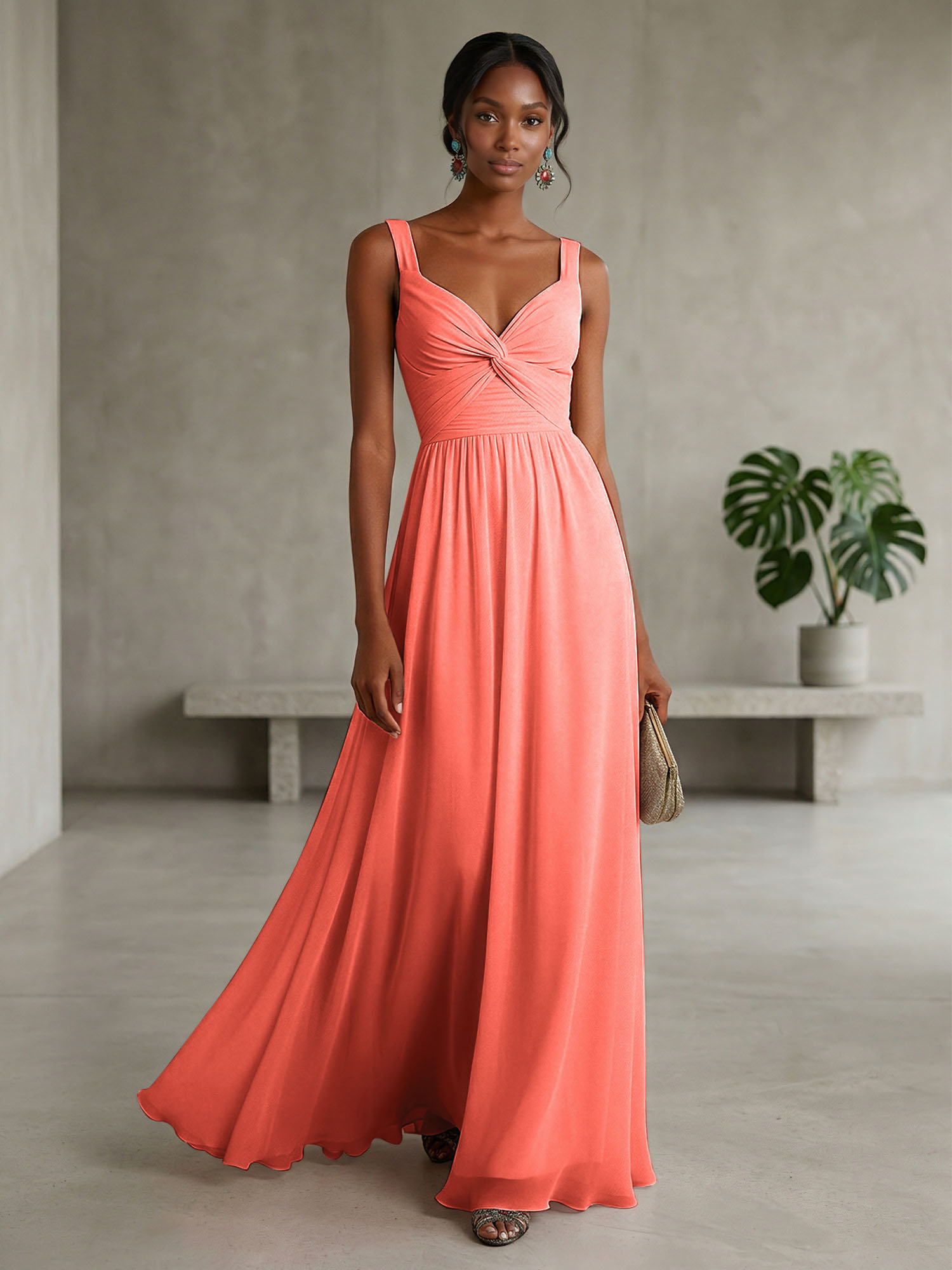 Elegant Soft Blush Twist-Front Chiffon Maxi Gown