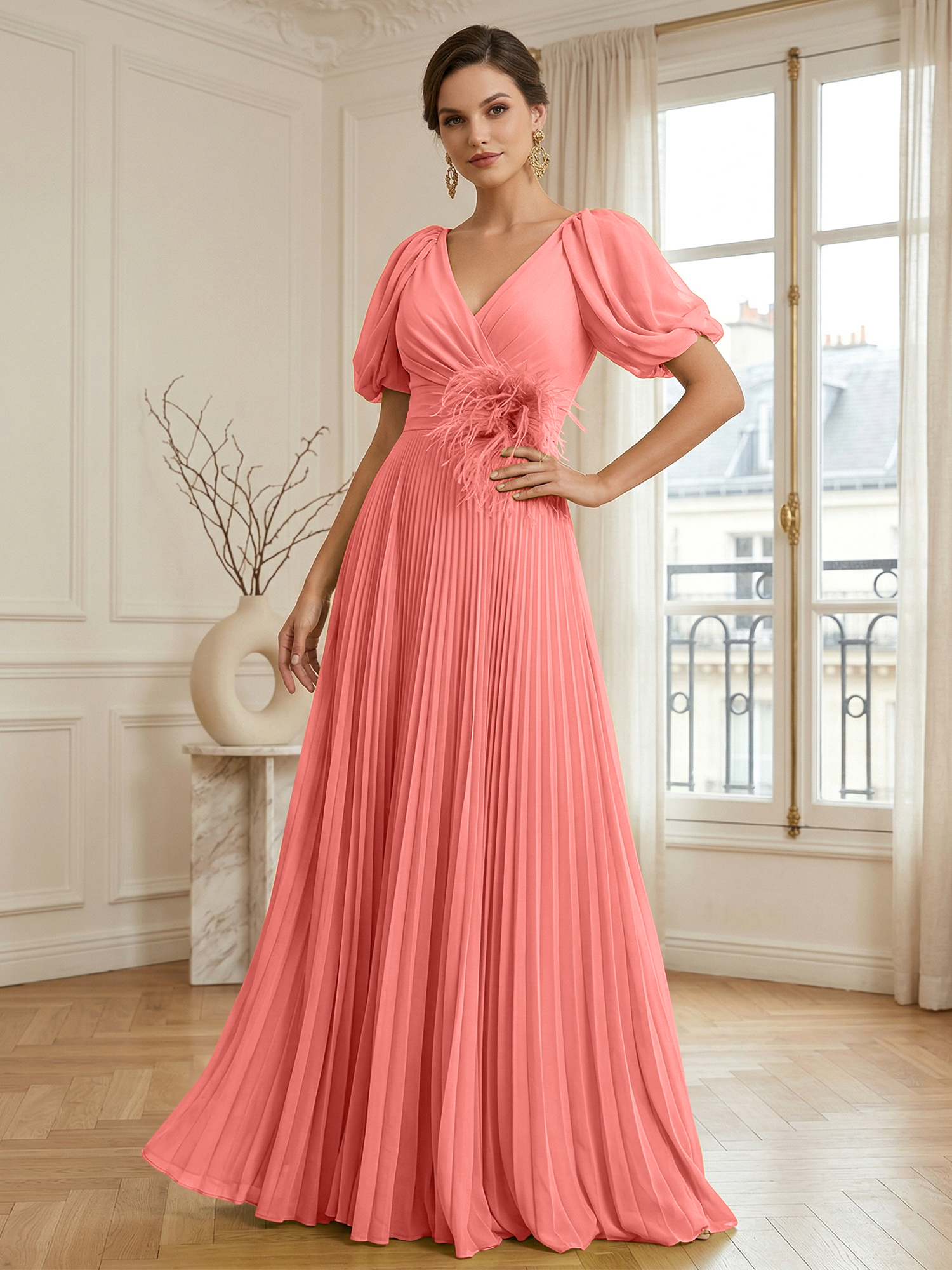 A-Line Chiffon Evening Gown with Feather V-Neck Short Sleeves Formal Dress