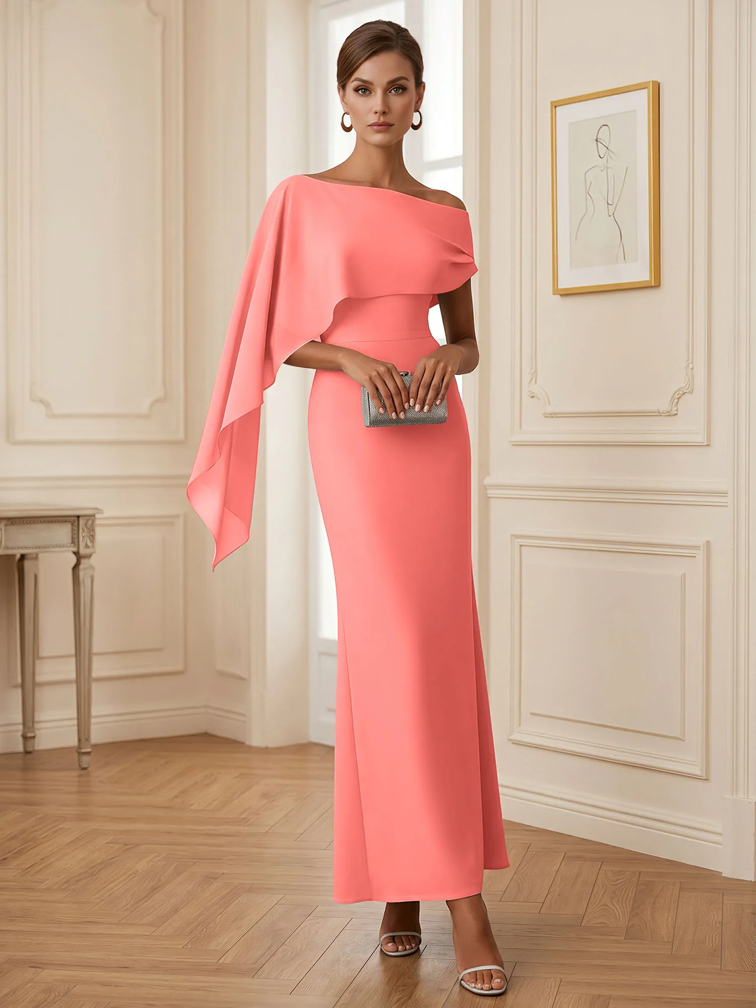 One-Shoulder Chiffon Overlay Mermaid Evening Gown