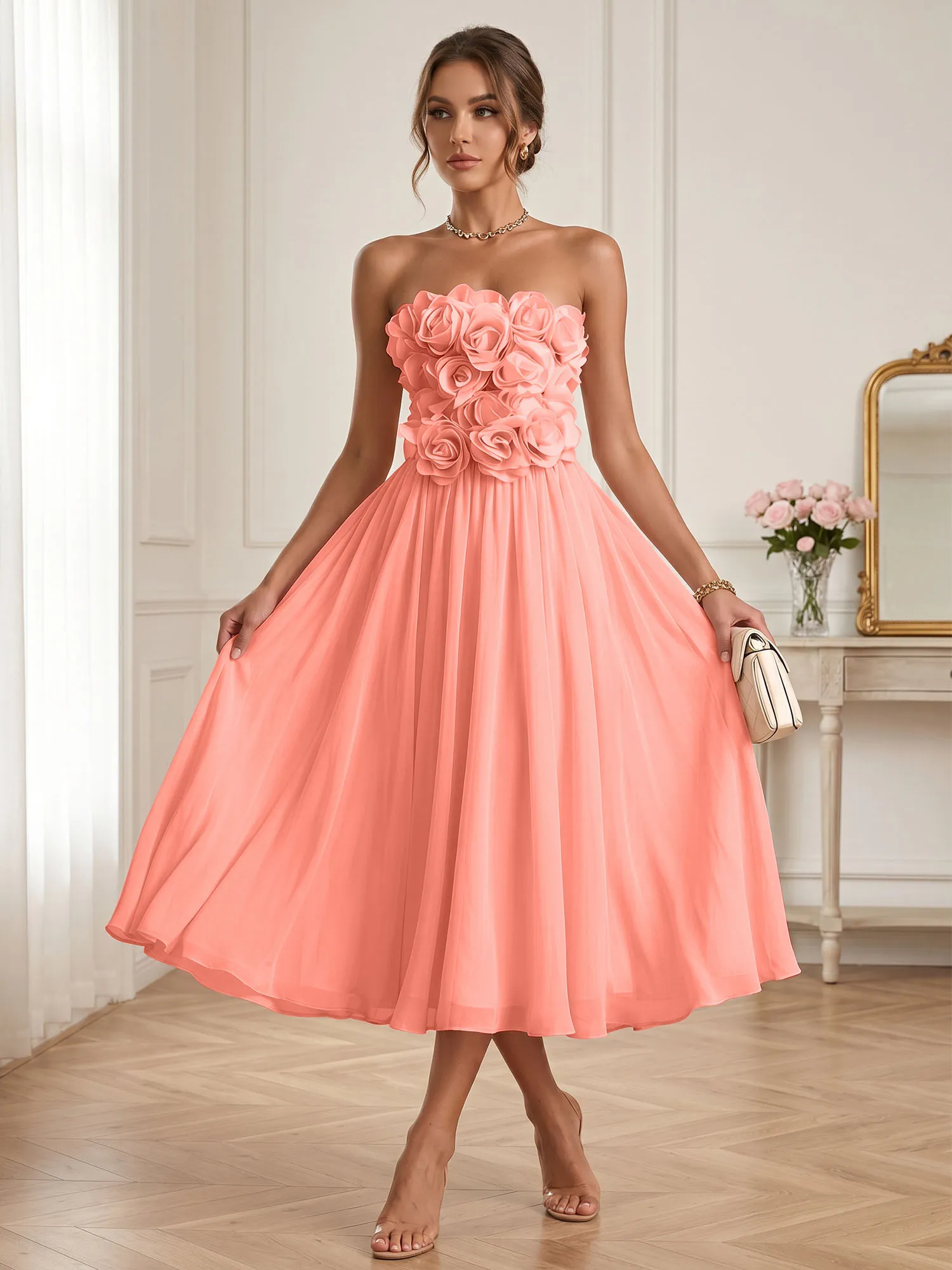Strapless 3D Floral Chiffon A-Line Midi Formal Dress