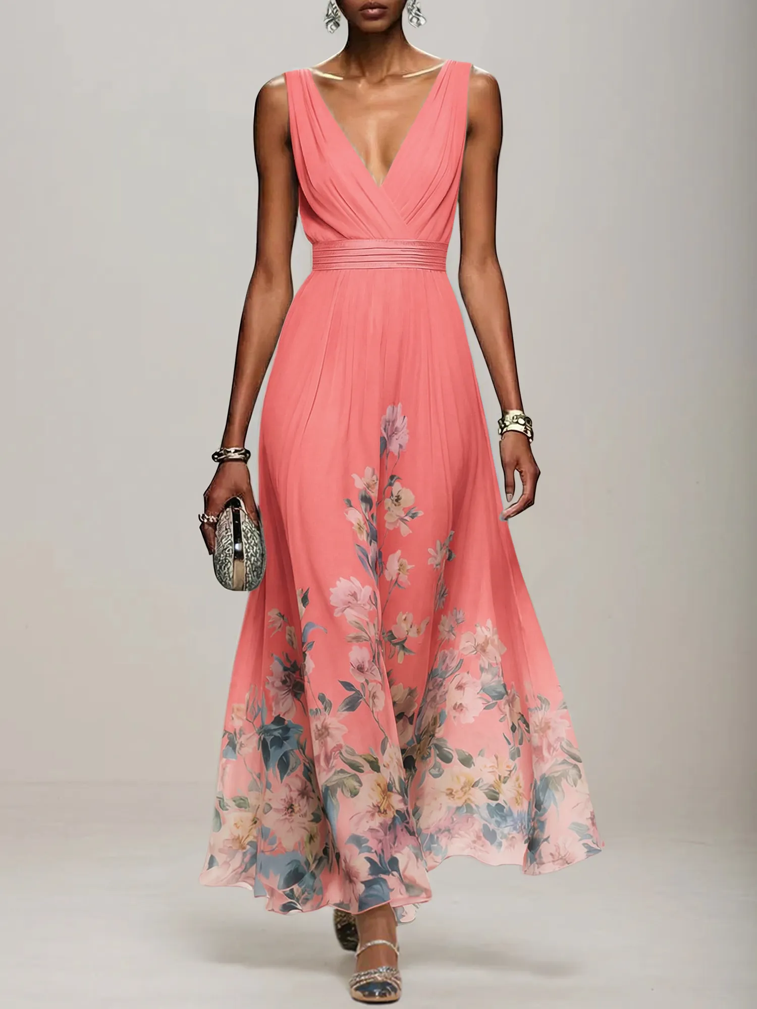 V-Neck Floral Print Chiffon Maxi Evening Dress with Satin Waist Bow