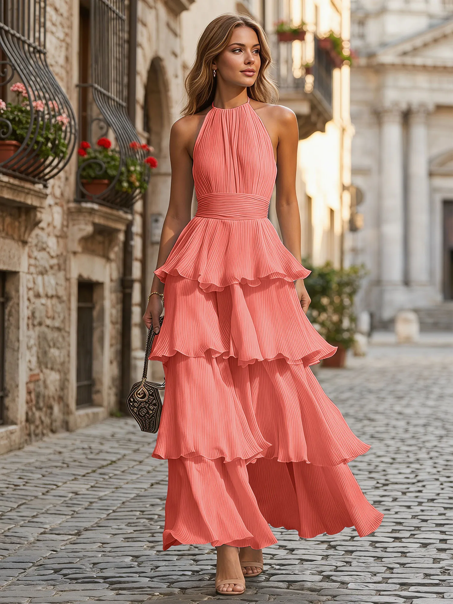 A Line Halter Neck Tiered Ruffle Chiffon Evening Dress