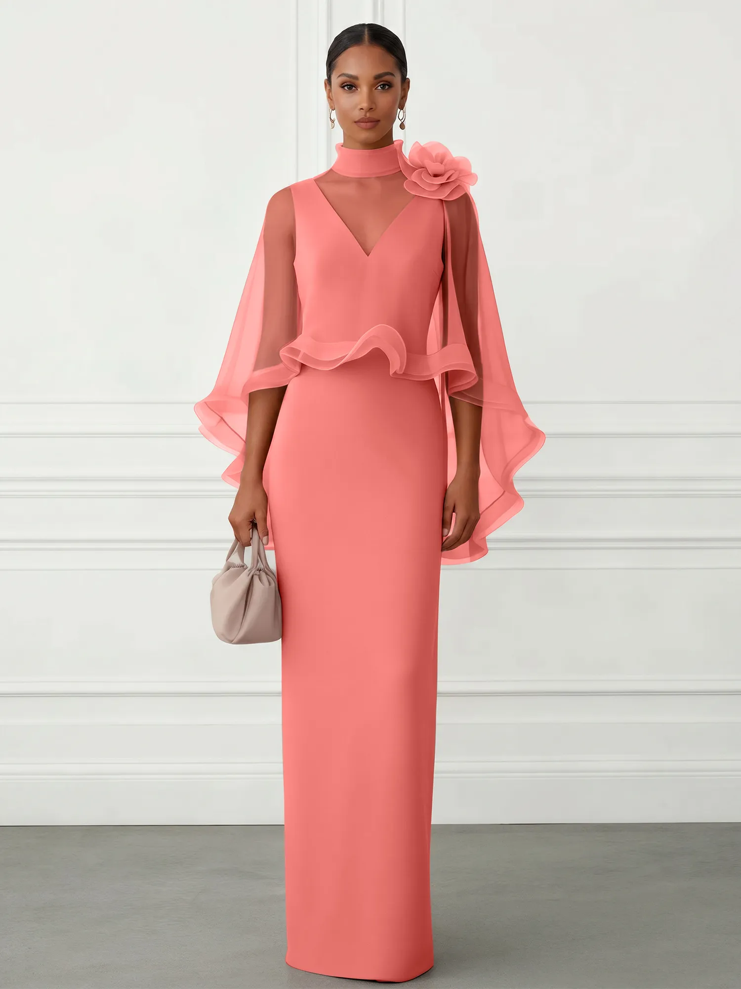 High-Neck Chiffon Cape Sleeve Sheath Evening Gown