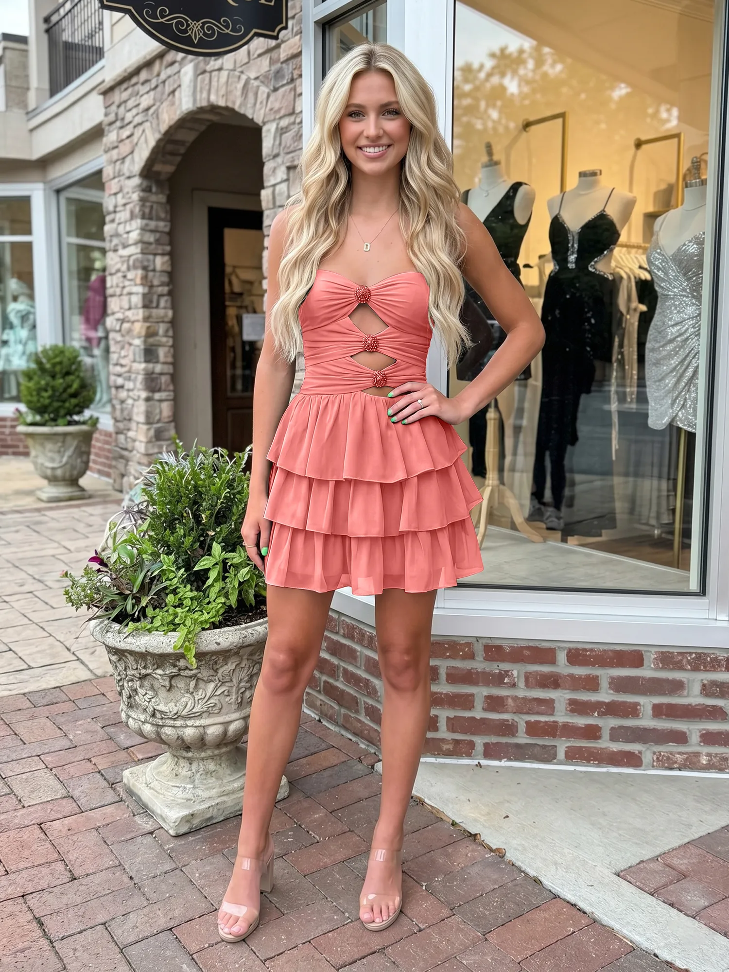 Strapless Cutout Tiered Ruffle Chiffon Homecoming Dress