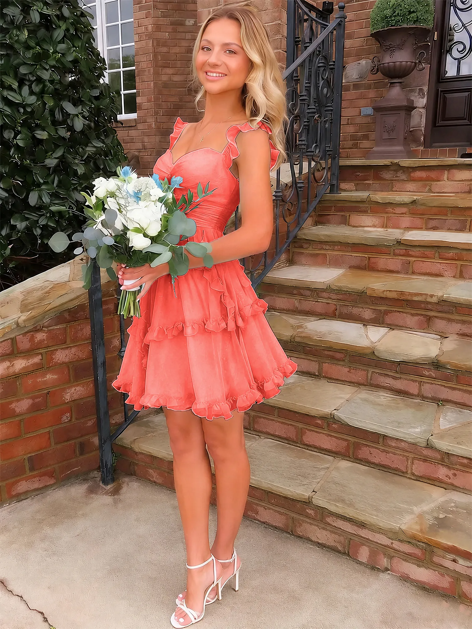 A Line Ruffled Tiered Chiffon Homecoming Dress with Lace-Up Back