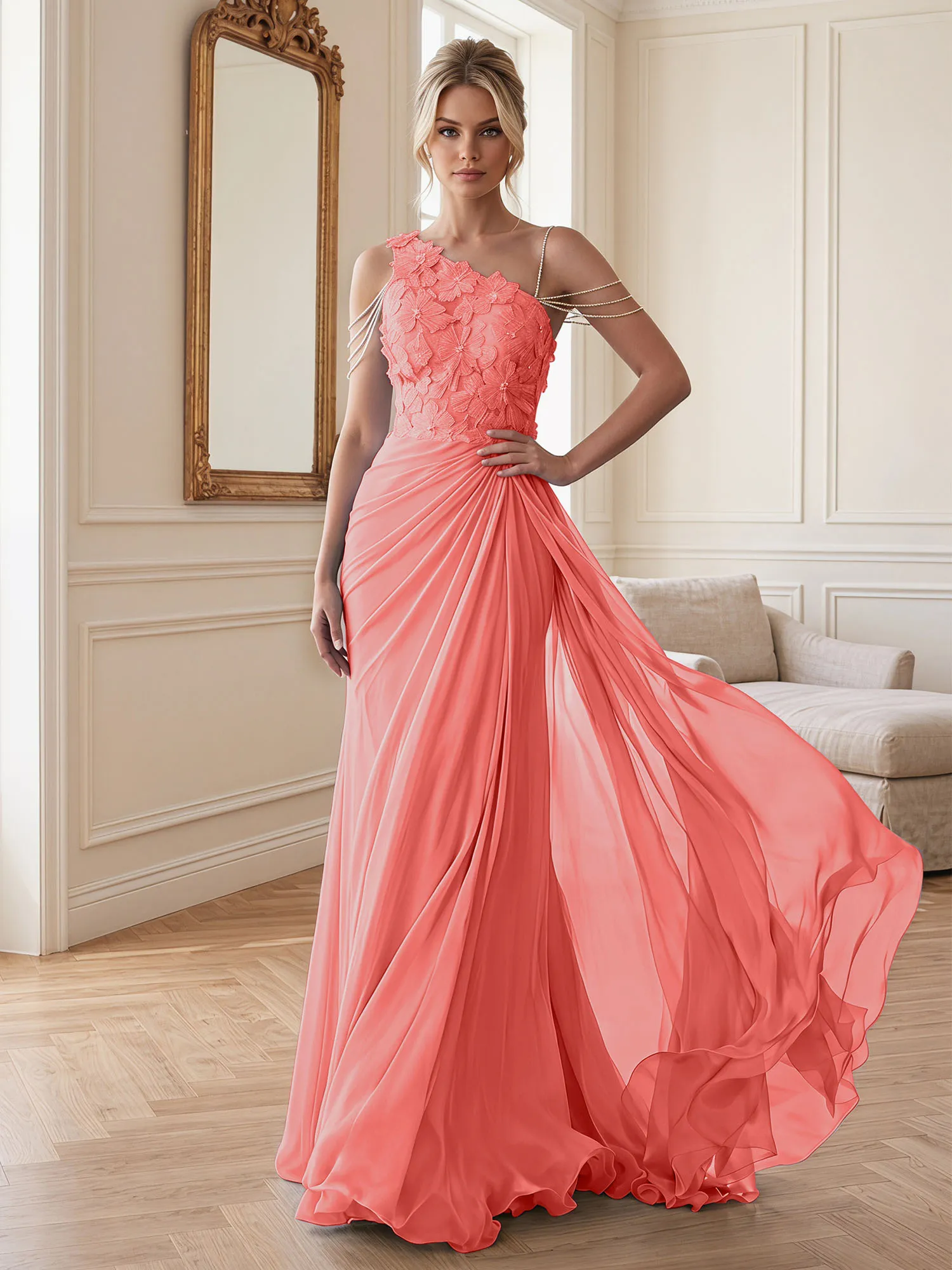 One-Shoulder Floral Lace Chiffon Evening Gown