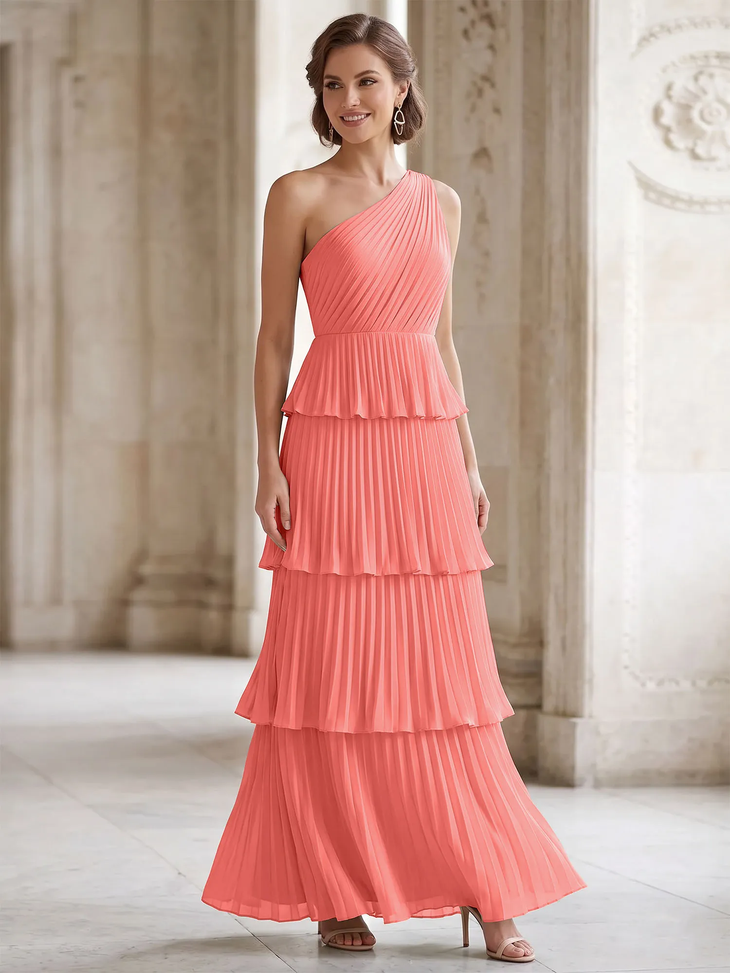 One-Shoulder Tiered Pleated Chiffon Evening Gown
