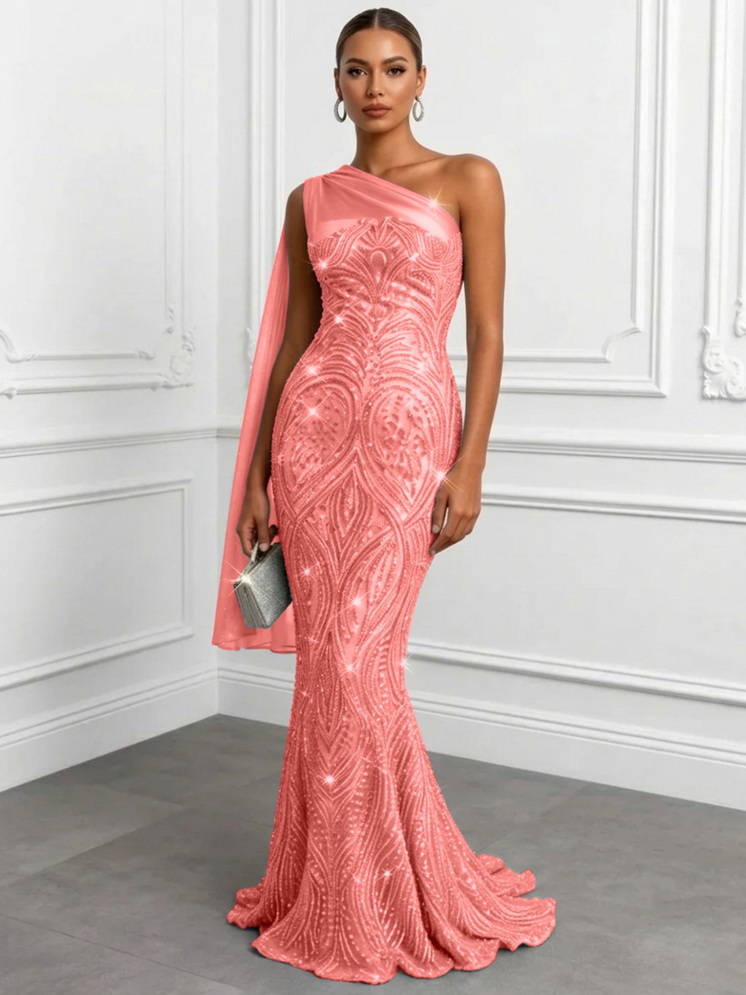 Shimmering Sage One-Shoulder Sequin Mermaid Evening Dress