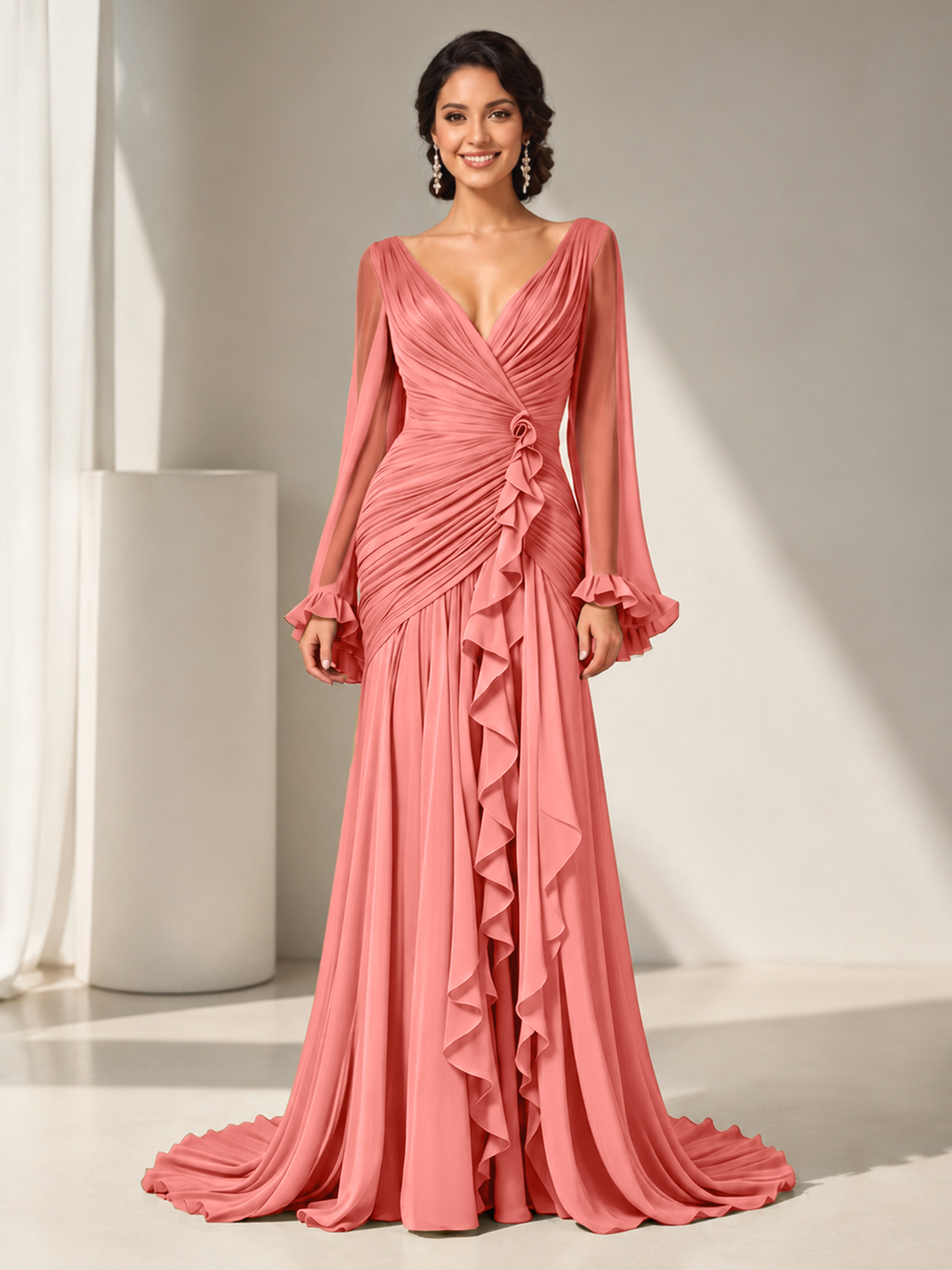 Grecian Olive Green Ruched Long-Sleeve Cascading Ruffle Formal Evening Dress