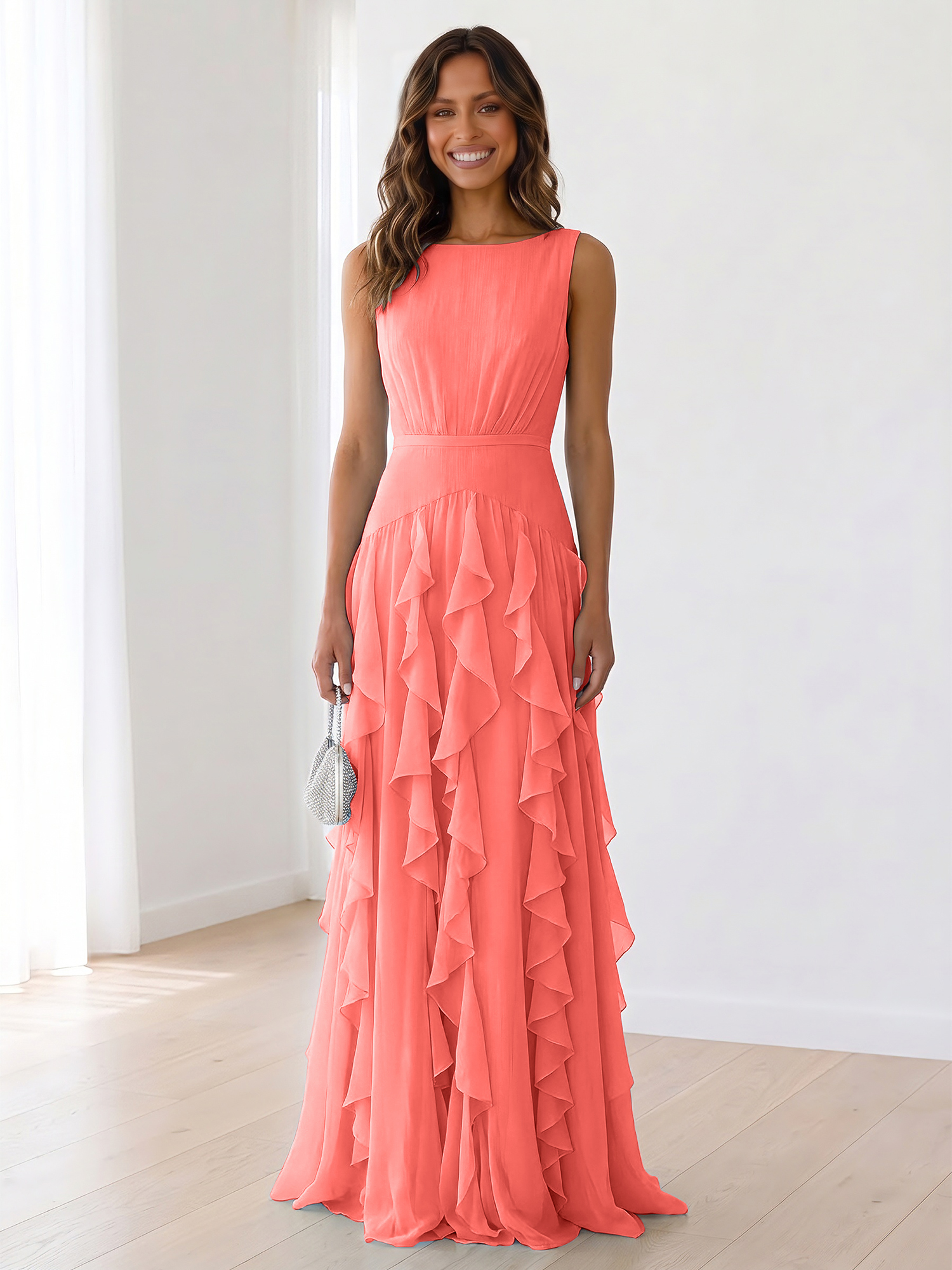 Ethereal Powder Blue Cascading Ruffle Maxi Formal Evening Dress
