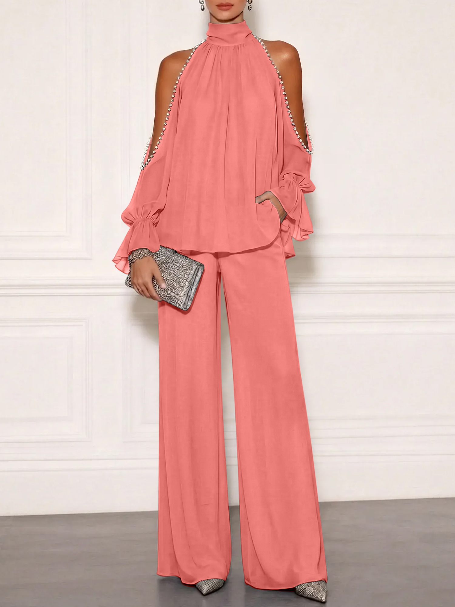 Sophisticated Embellished Cold Shoulder Formal Evening Jumpsuit