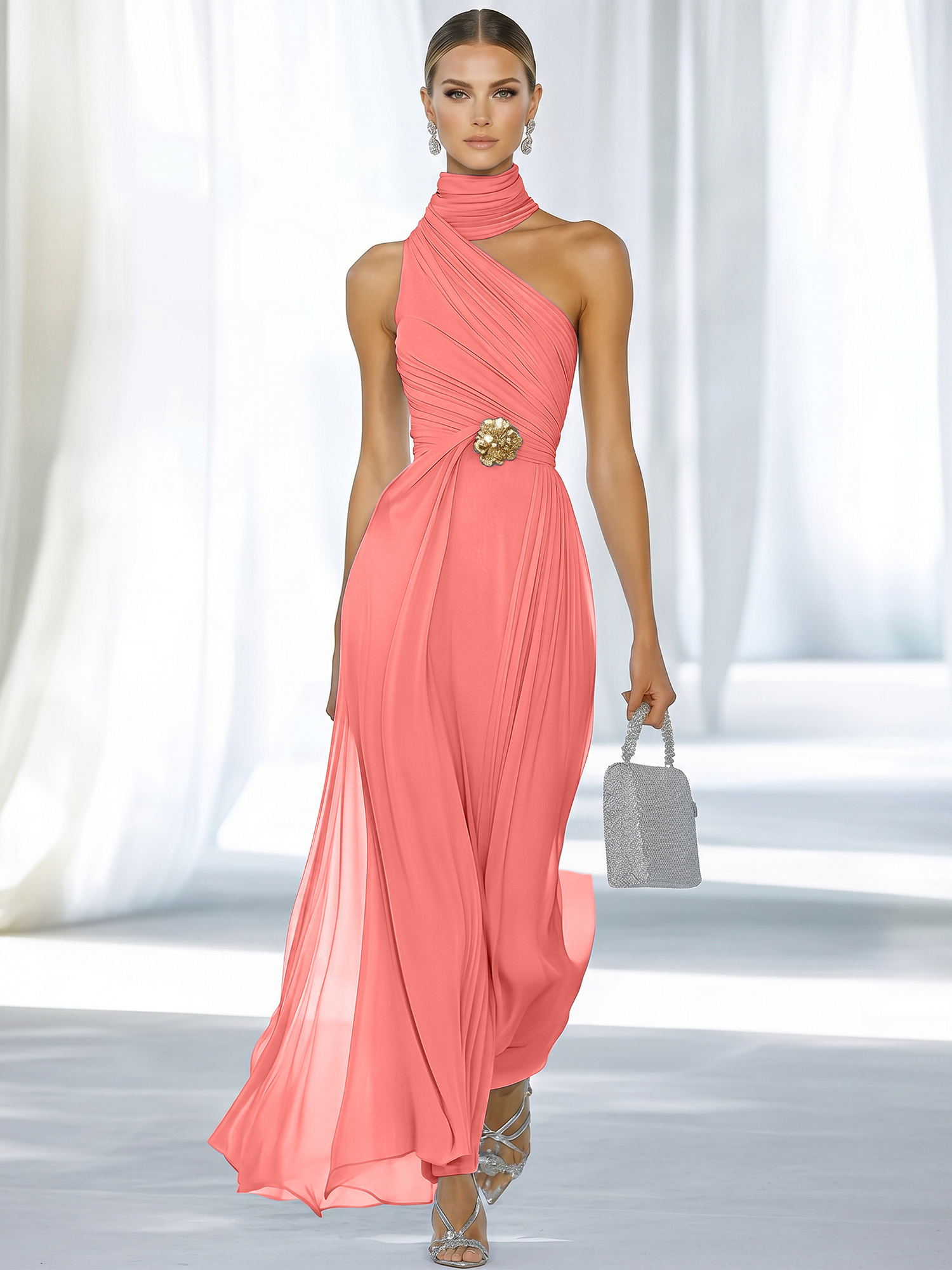 Sky Blue Pleated Chiffon Halter Strapless Formal Evening Dress