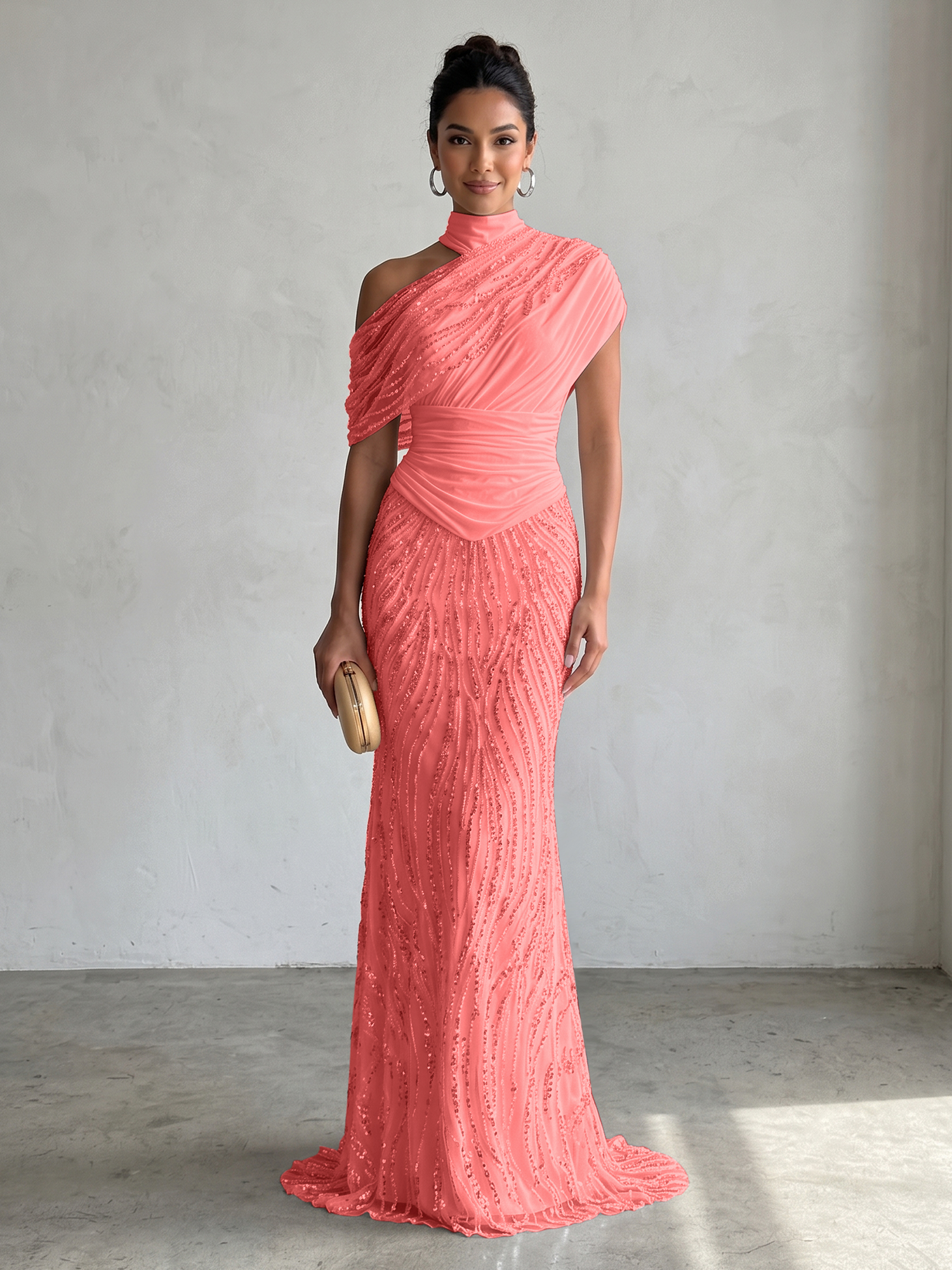 Ethereal White Beaded High-Neck Draped Sheath Formal Evening Dress