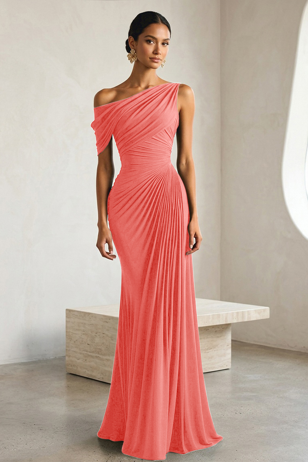 Timeless Black Architectural One-Shoulder Sheath Evening Gown