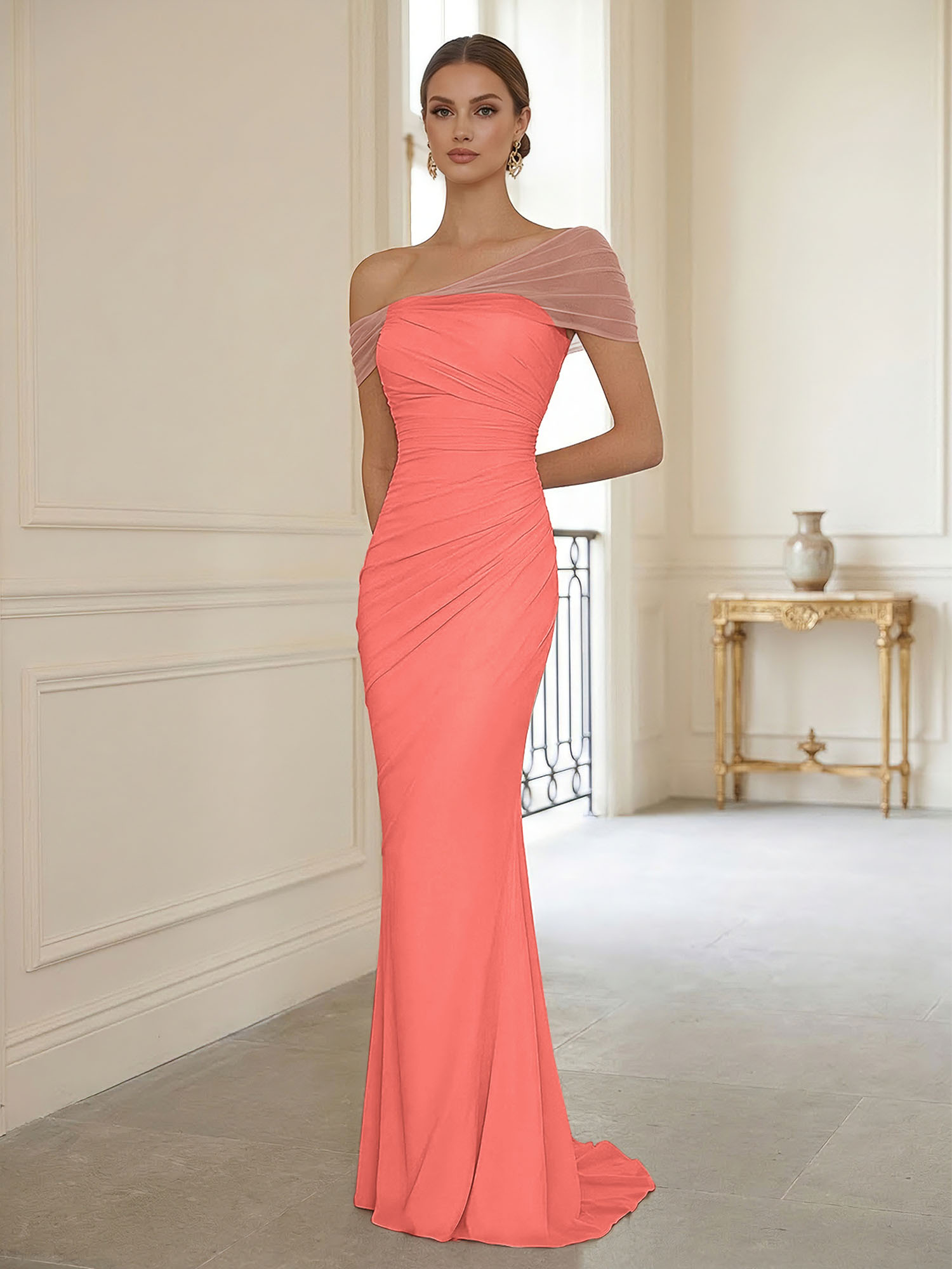 Sophisticated Blush Pink Asymmetrical Ruched Maxi Dress Evening Gown