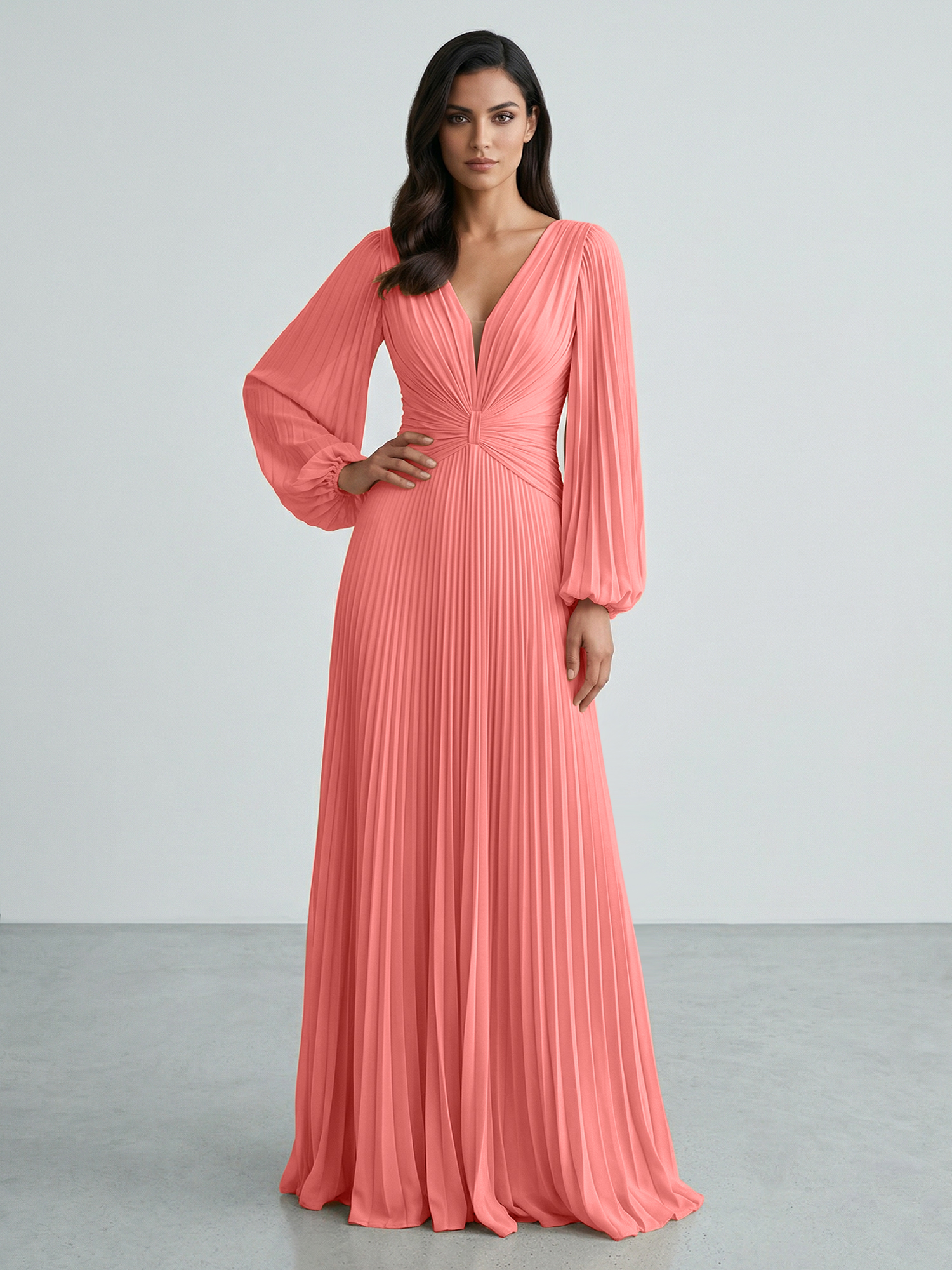 Slate Blue Plunging V-Neck Pleated Long Sleeve Maxi Dress Gown