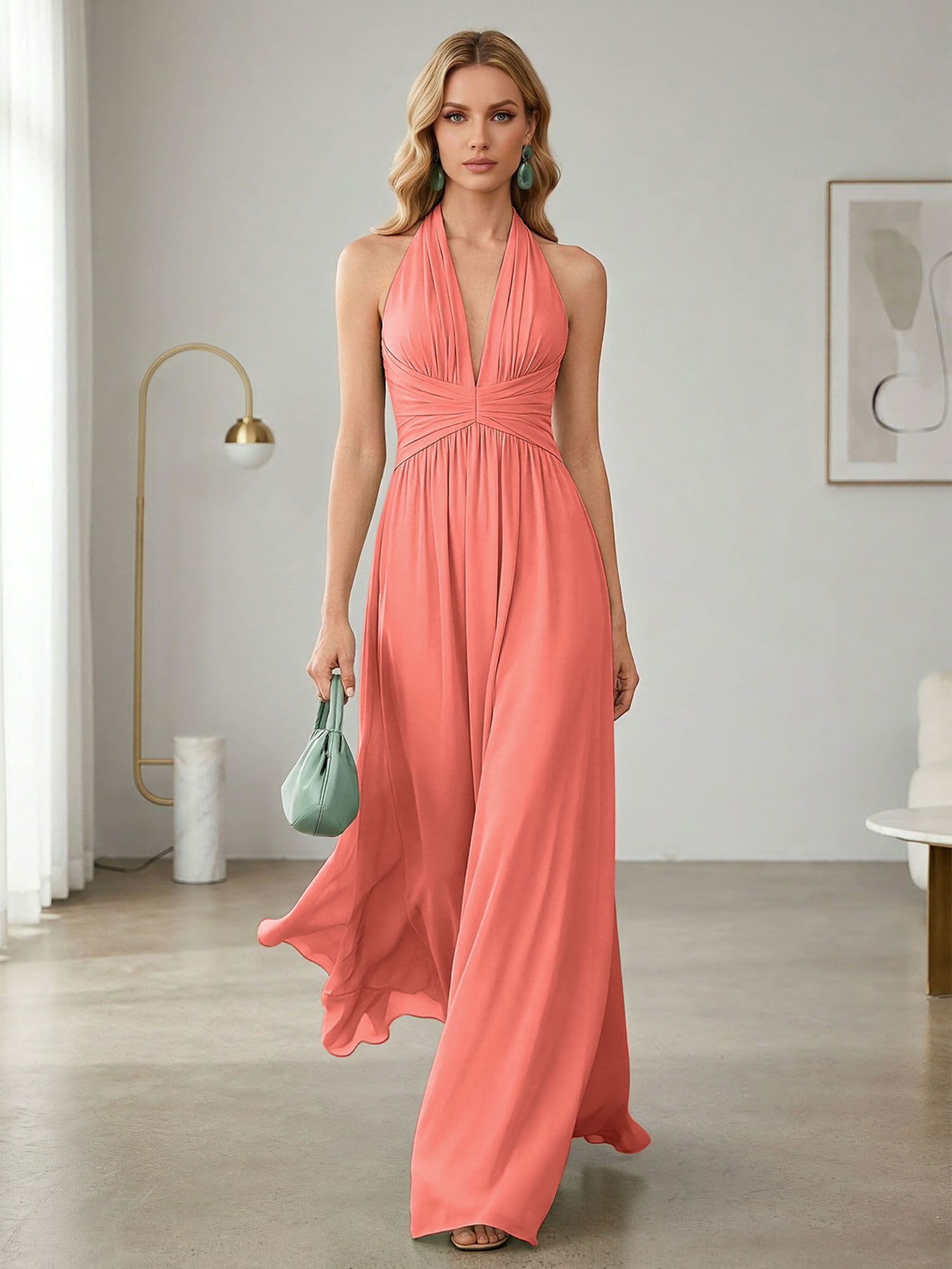 Elegant Sage Green Halter Chiffon Maxi Gown