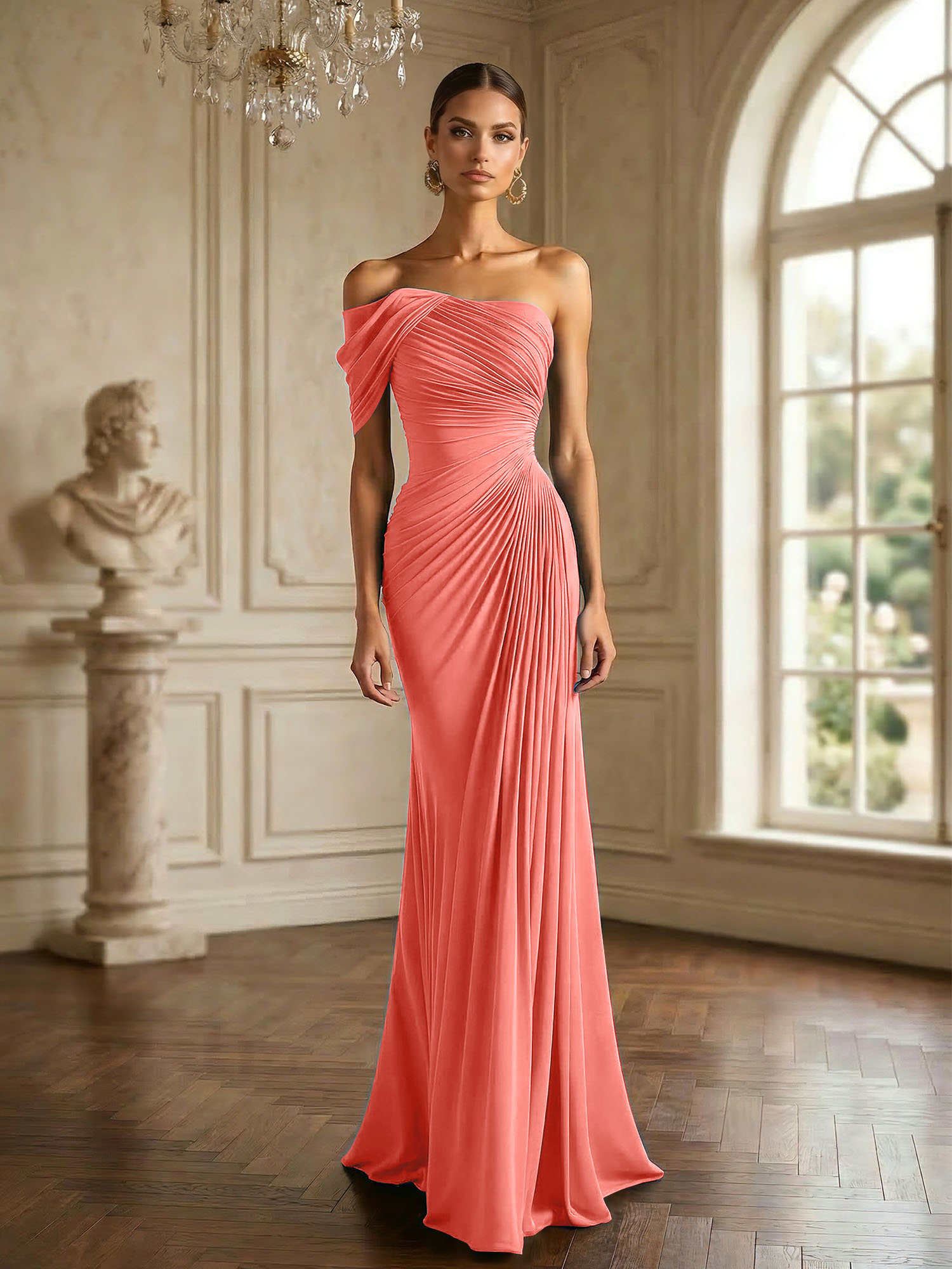 One Shoulder Pleat Mermaid Chiffon Evening Dresses for Women Gown