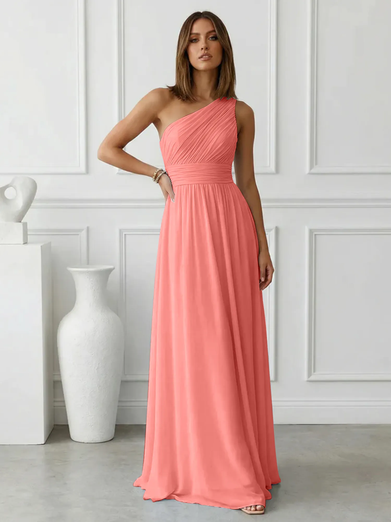One-Shoulder Pleated Chiffon A-Line Evening Dress