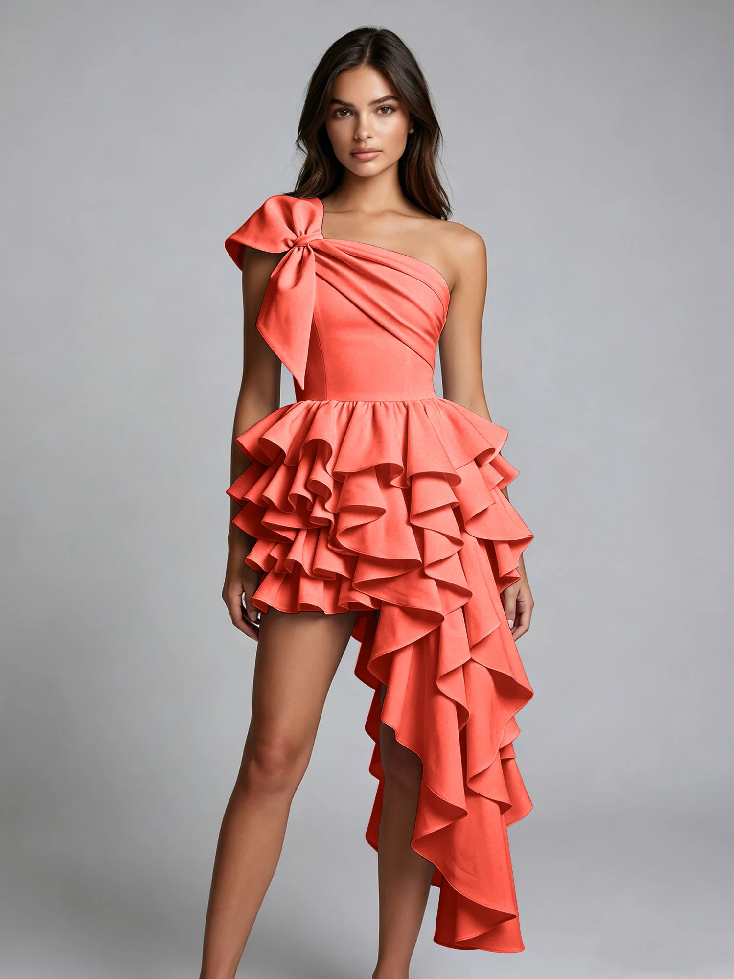 One-Shoulder Bow Tiered Ruffle Asymmetrical Homecoming Dress