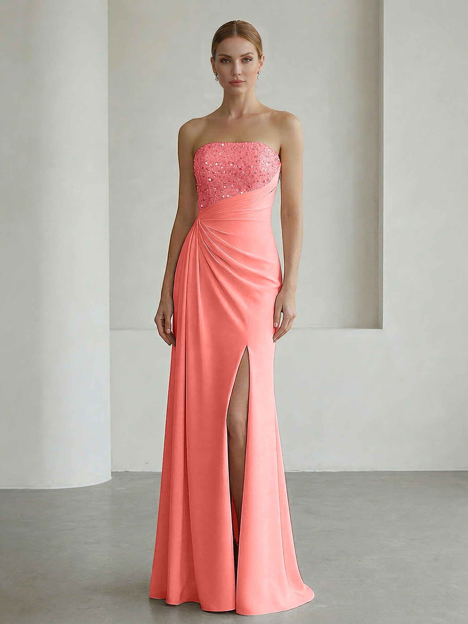 Glamorous Formal Evening Dress Soft Blush Beaded Strapless Slit Gown