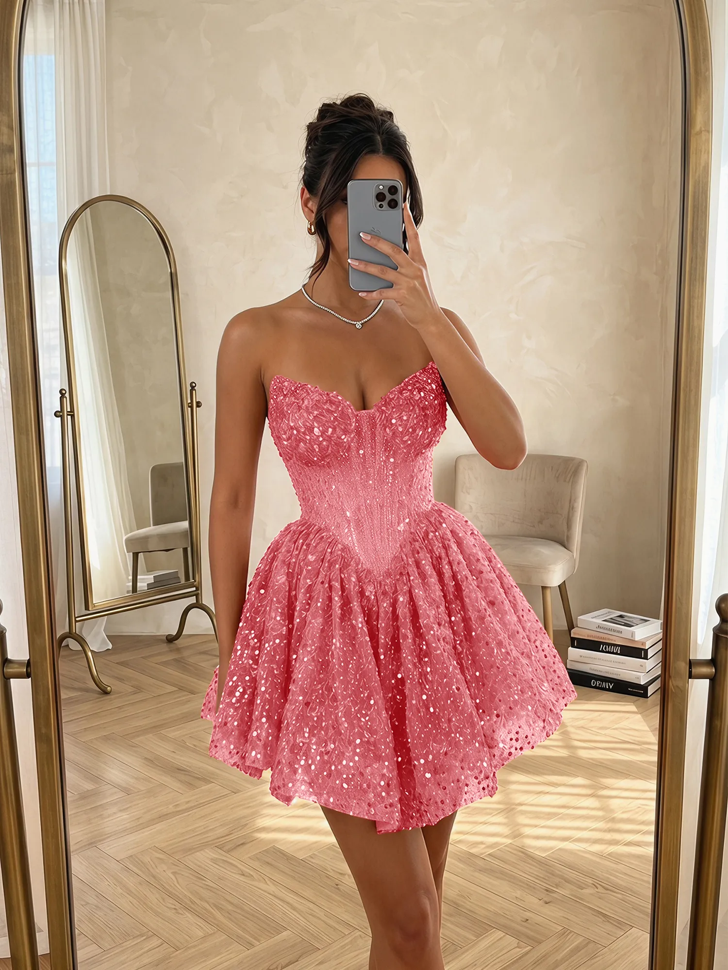 Strapless Sequin Pearl Corset Homecoming Dress with Lace-Up Back