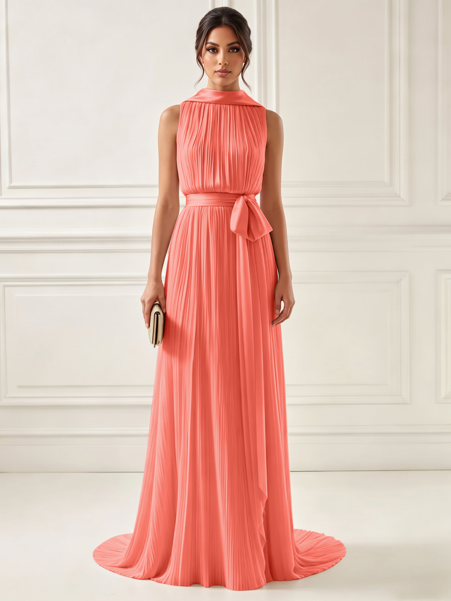 Ethereal Pleated Pastel Pink High Neck Maxi Formal Evening Dress with Satin Sash