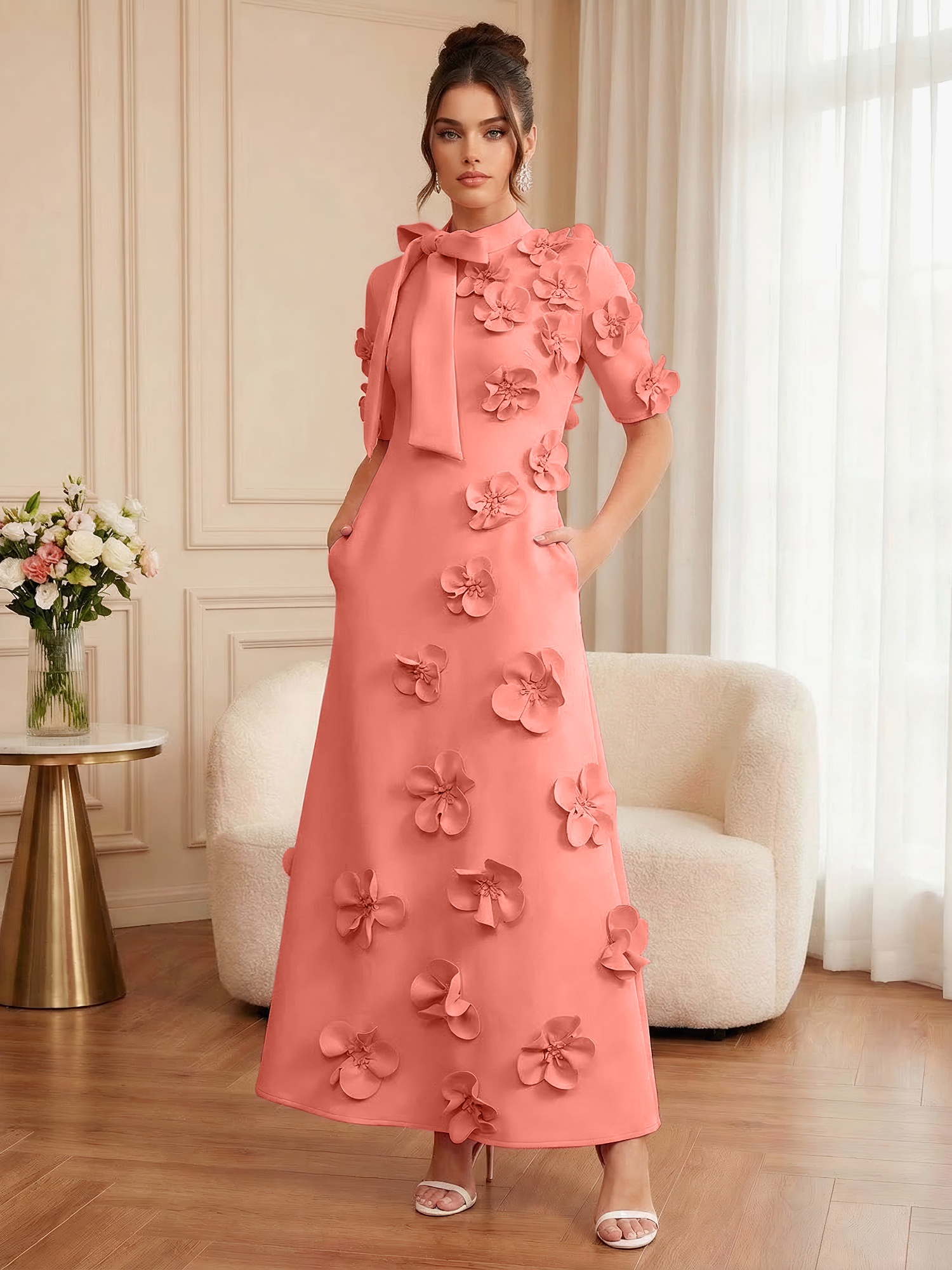 Pink Short Sleeve 3D Floral Maxi Dress Gown