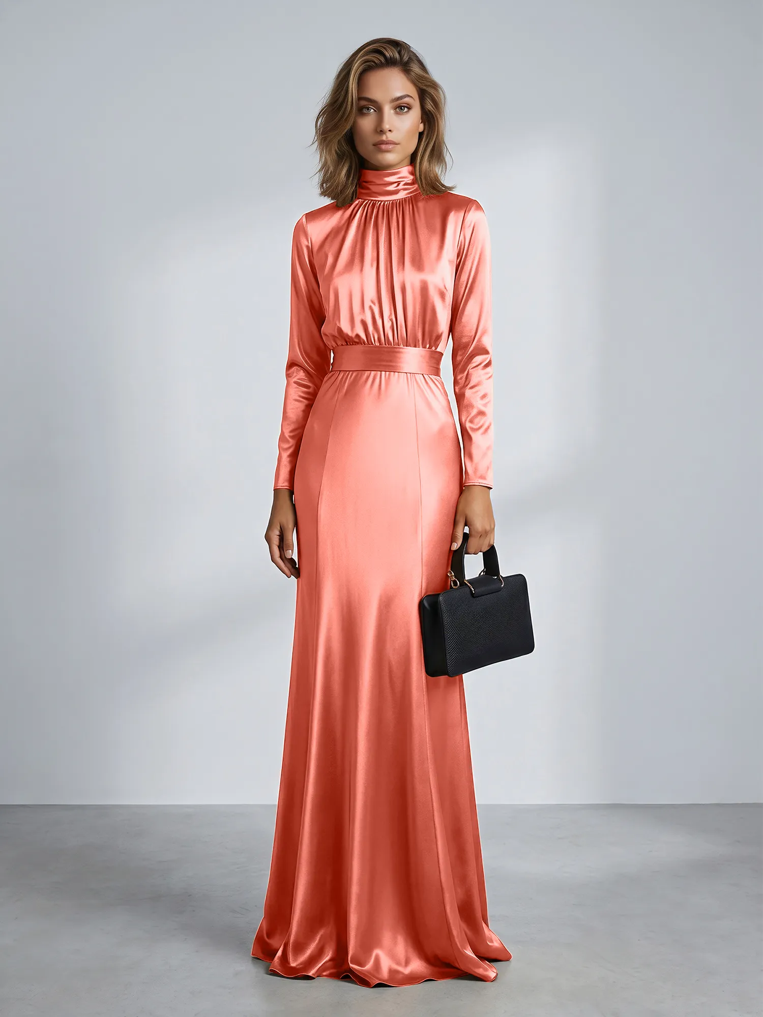 High Neck Long Sleeve Satin Mermaid Evening Gown with Waist Sash