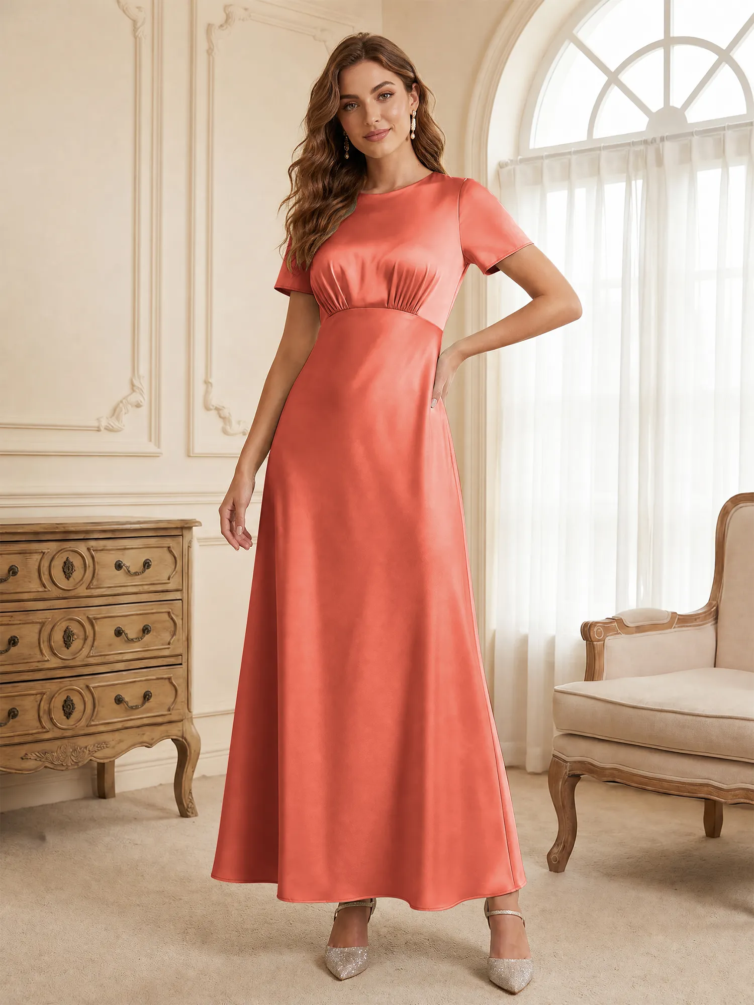 Round Neck Short Sleeve Satin Bridesmaid Dress