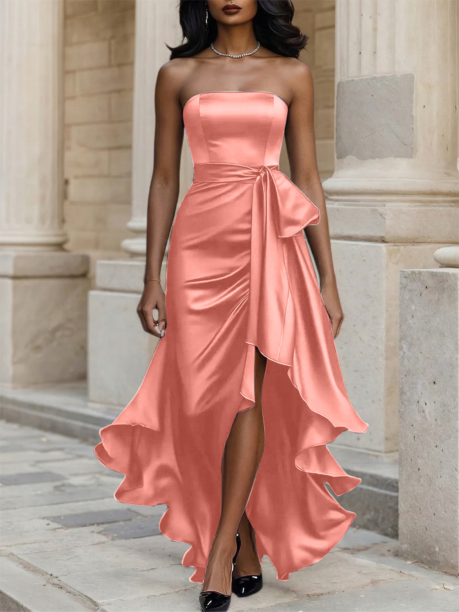 Glamorous Formal Dress Midnight Navy Strapless High-Low Satin Gown Midi Dress