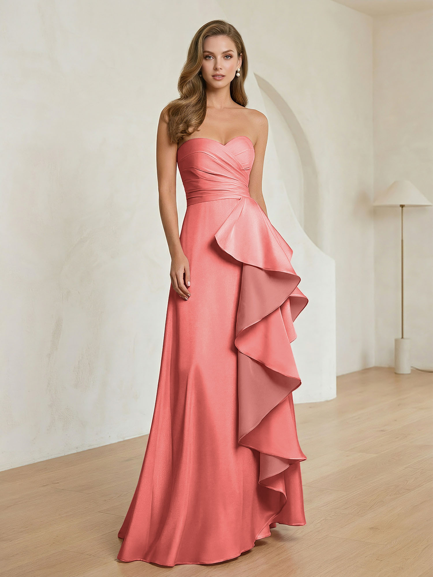 Formal Evening Dress Blush Strapless Ruffle Maxi Dress Gown
