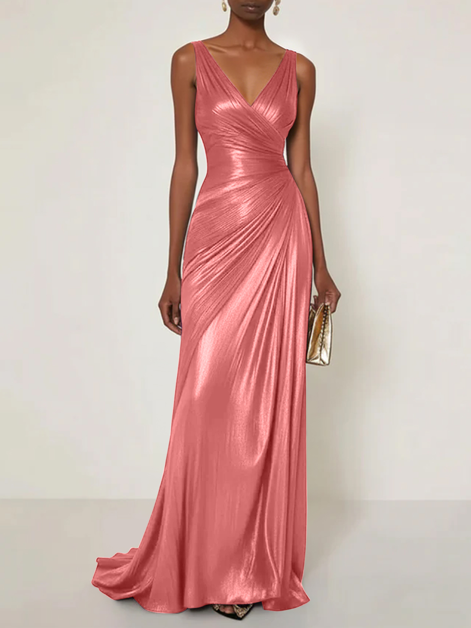 Evening Formal Dress V Neck Silk Ruffles Maxi Dress Gown