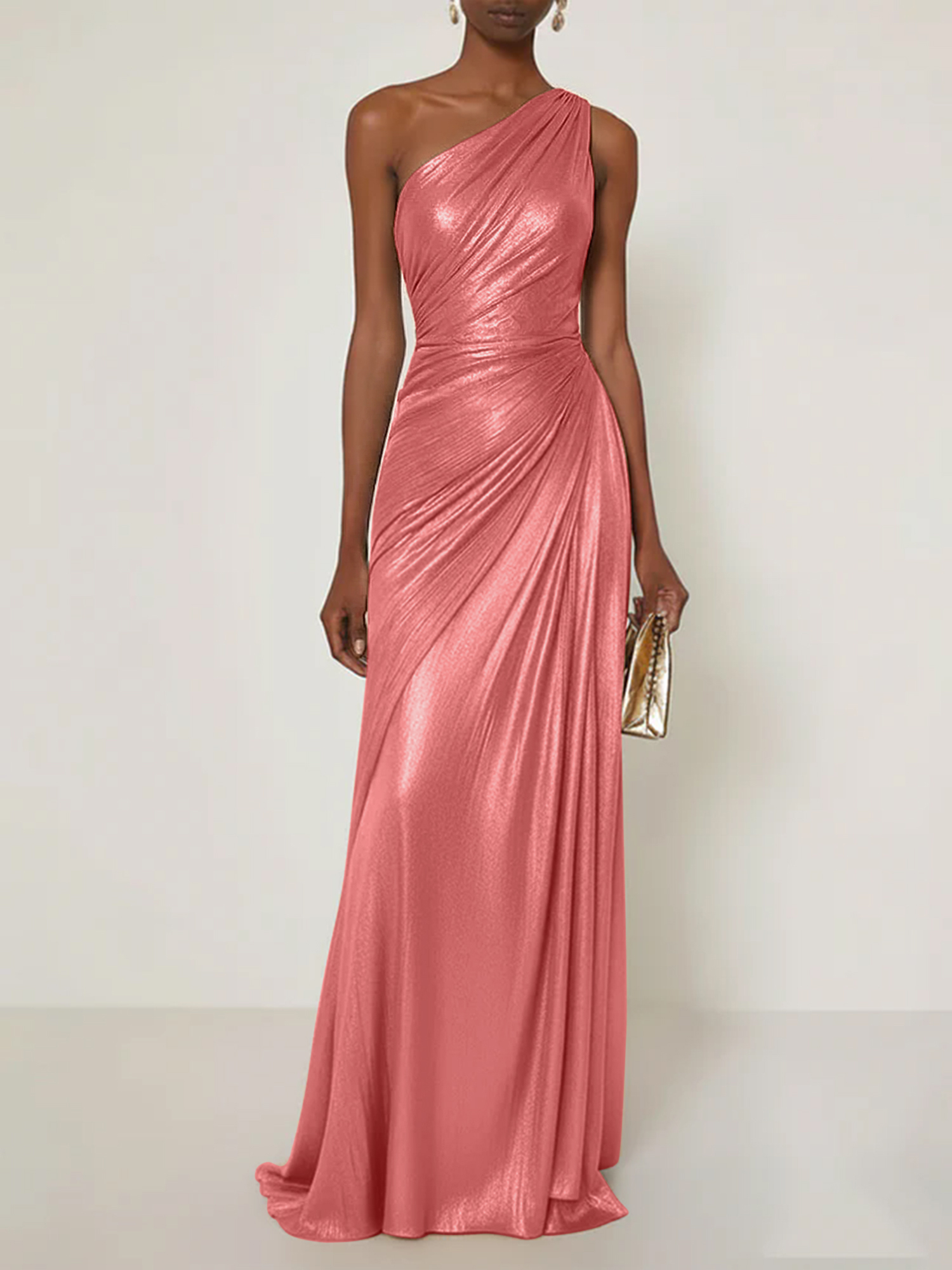 Evening Formal Dress V Neck One Shoulder Silk Ruffles Maxi Dress