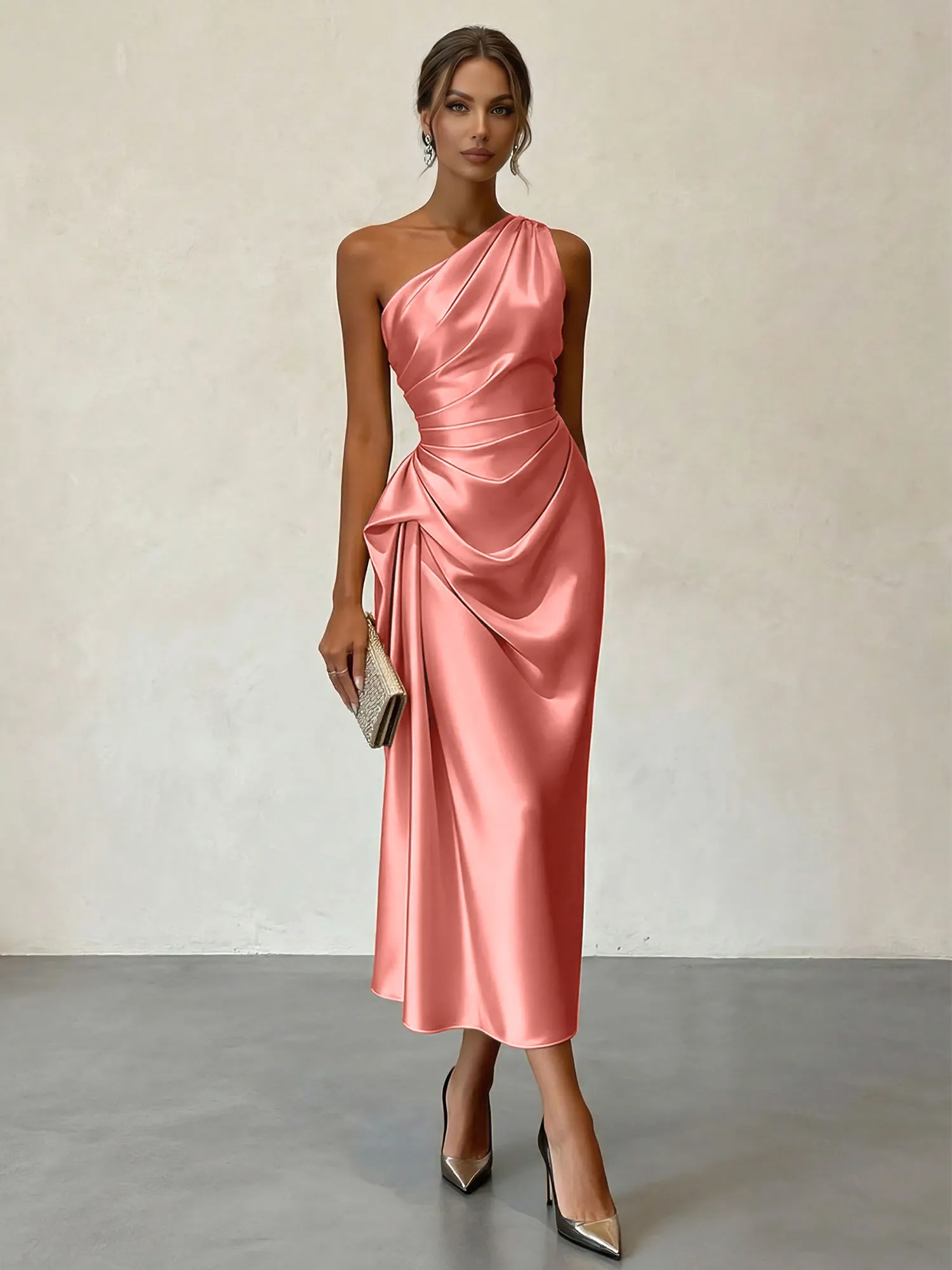 One-Shoulder Ruched Satin Midi Evening Dress with Draped Detail