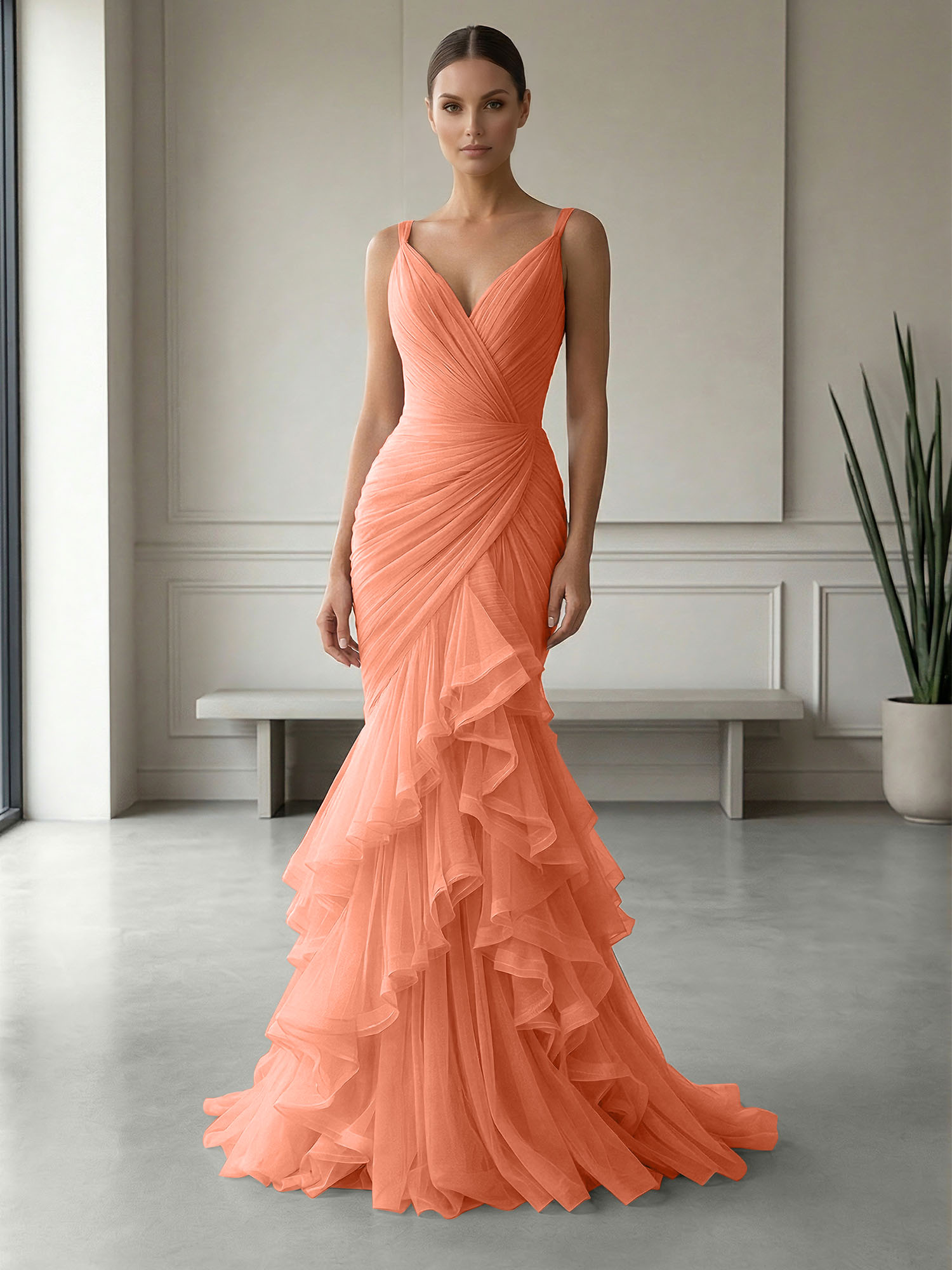 Mauve Folds Tulle Strapless Sleeveless Mermaid Gown Dress