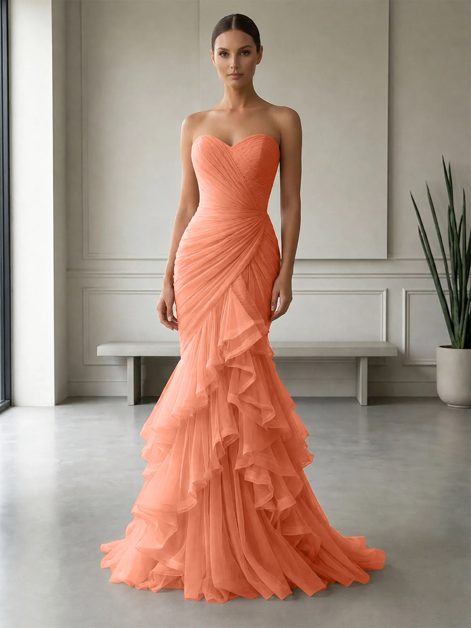 Strapless Ruched Tulle Mermaid Evening Gown Maxi Dress