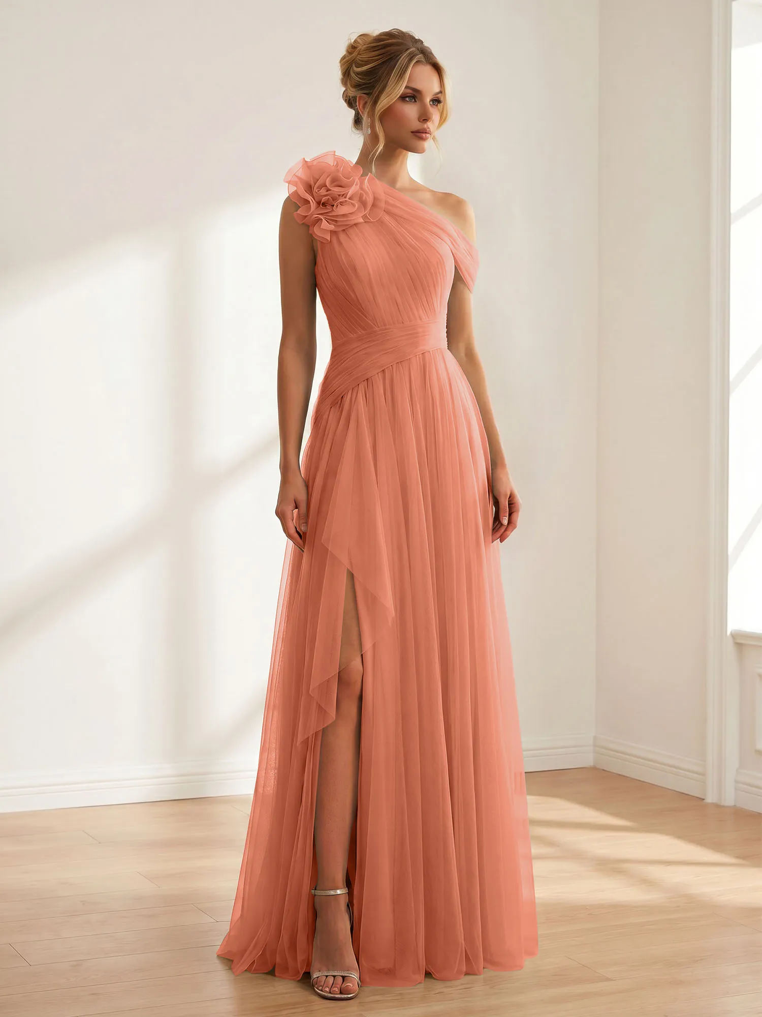 One-Shoulder Tulle Evening Gown with Floral Accent