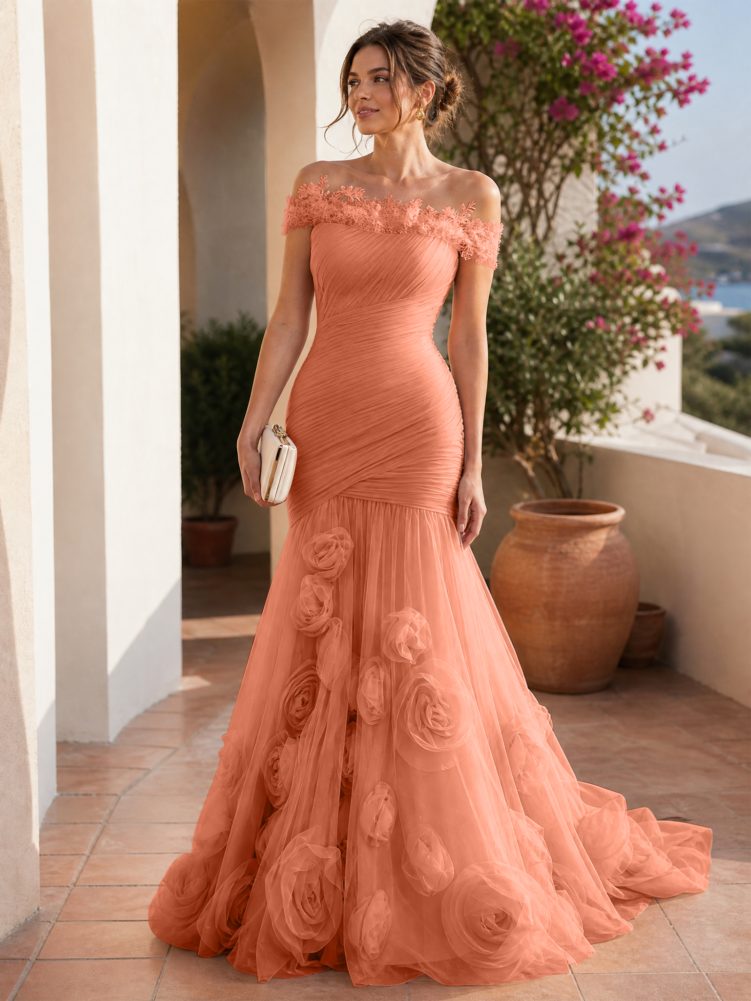 Romantic Blushing Rose Off-the-Shoulder Mermaid Formal Evening Dress 