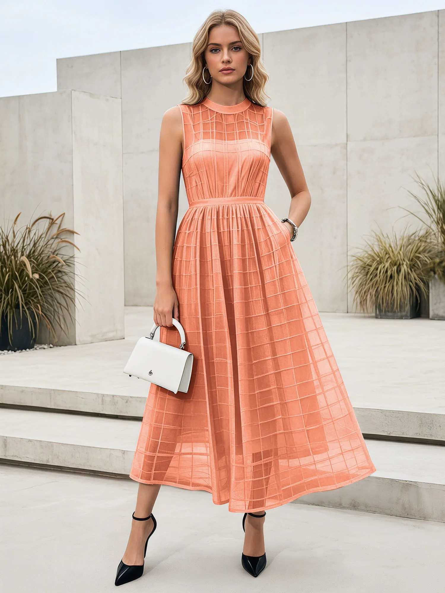 Sleeveless Grid Mesh A-Line Midi Evening Dress