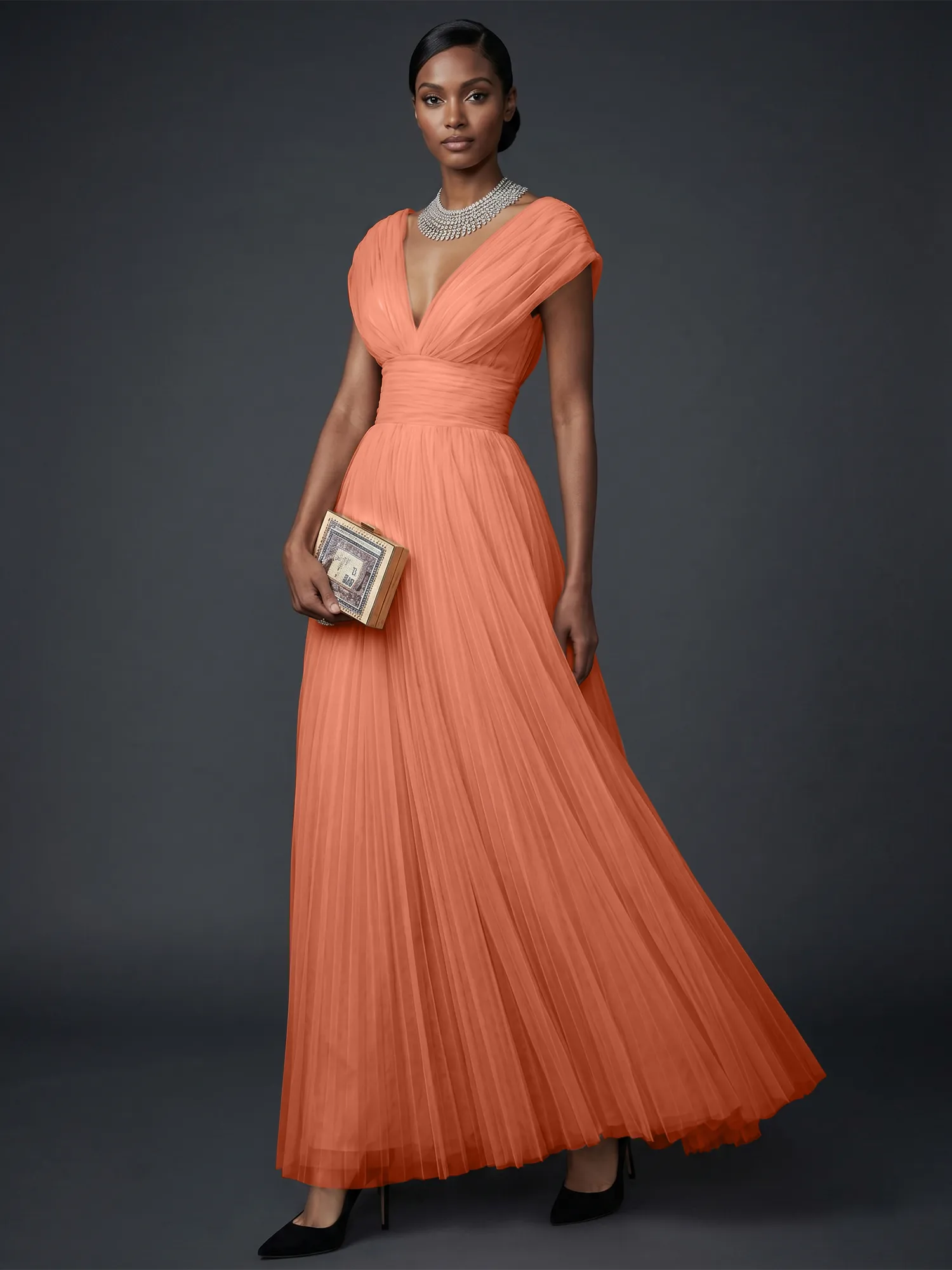 Draped V-Neck Pleated Tulle Evening Gown Maxi Dress