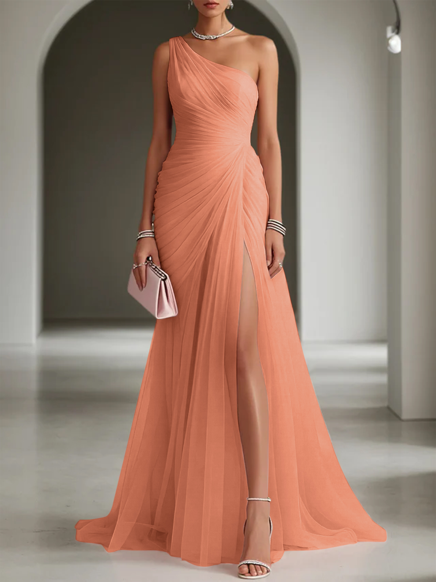 Pink Ruched Slit Tulle Strapless One Shoulder Sheath Gown Dress