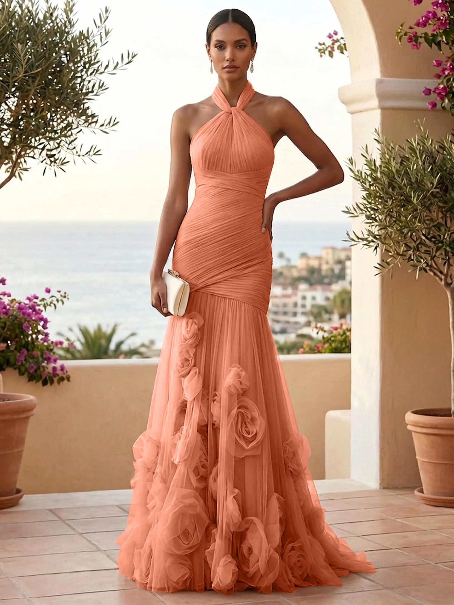 Halter Neck Ruched Tulle Mermaid Gown with 3D Floral Appliqués